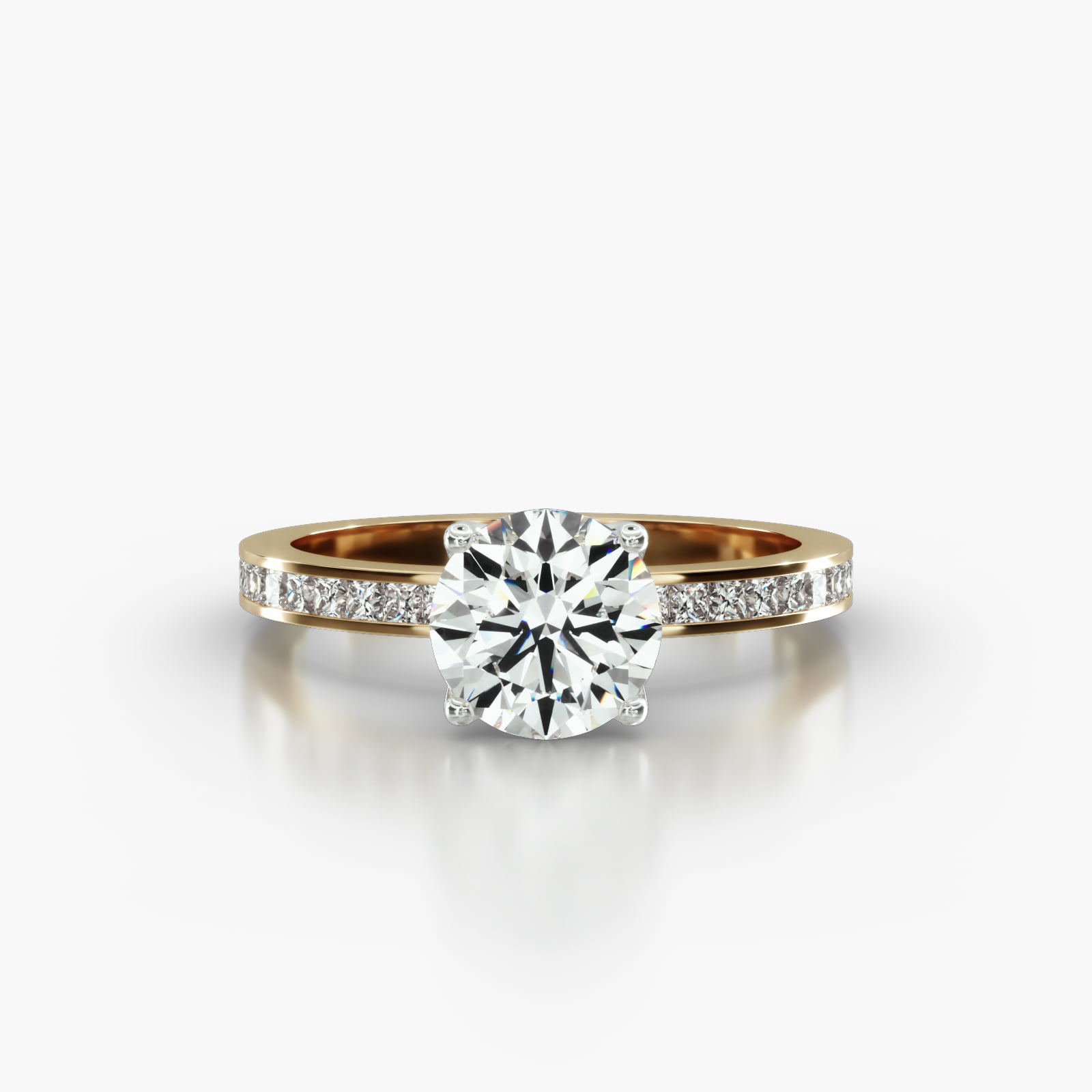 Channel Set Princess Cut Diamond Engagement Ring Embellished With a Four Prong Tulip Basket Head