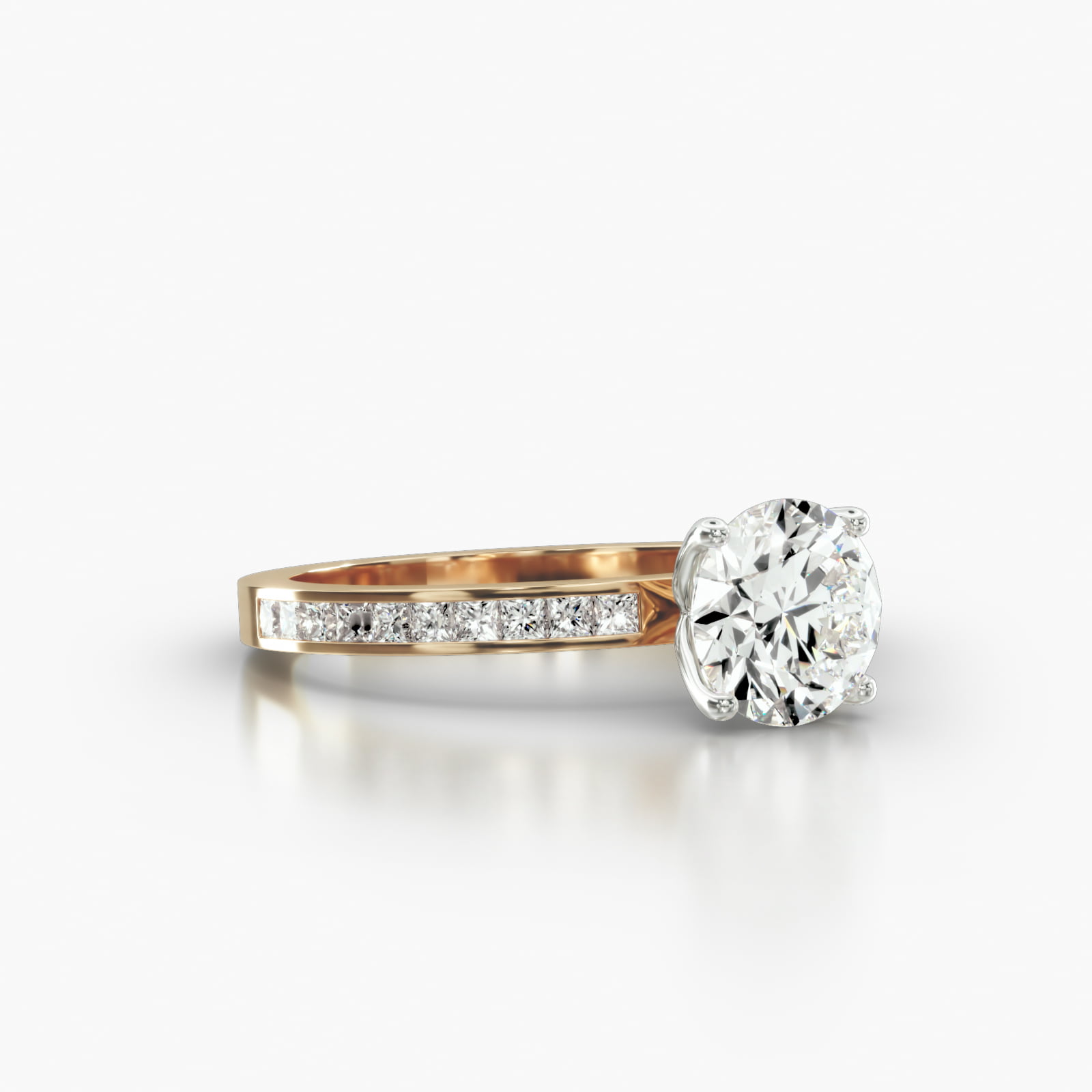 Channel Set Princess Cut Diamond Engagement Ring Embellished With a Four Prong Tulip Basket Head