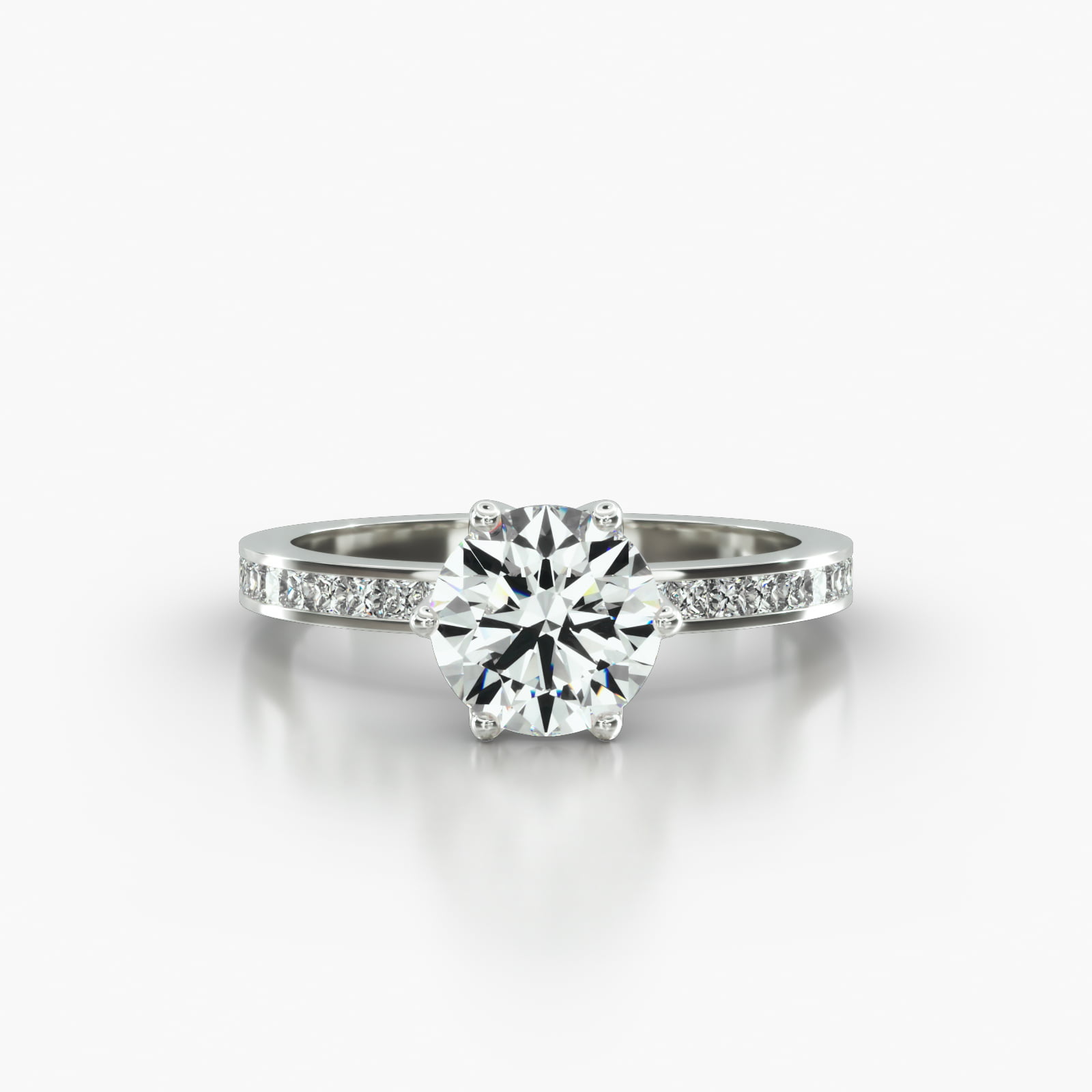 Channel Set Princess Cut Diamond Engagement Ring Embellished With a Scalloped Six Prong Head