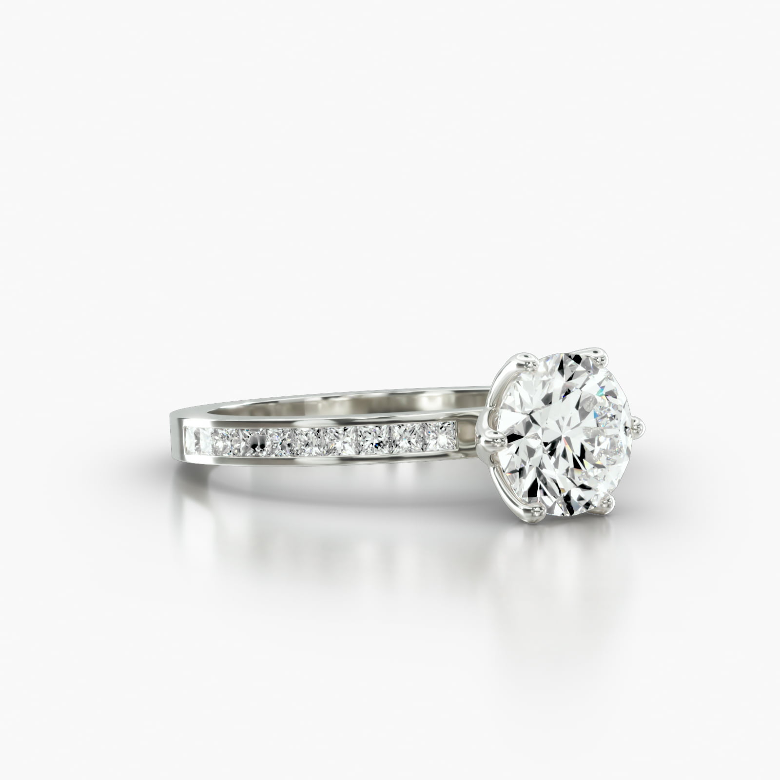 Channel Set Princess Cut Diamond Engagement Ring Embellished With a Scalloped Six Prong Head