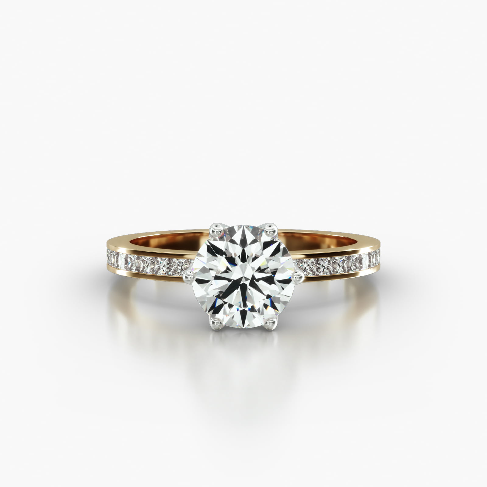 Channel Set Princess Cut Diamond Engagement Ring Embellished With a Scalloped Six Prong Head
