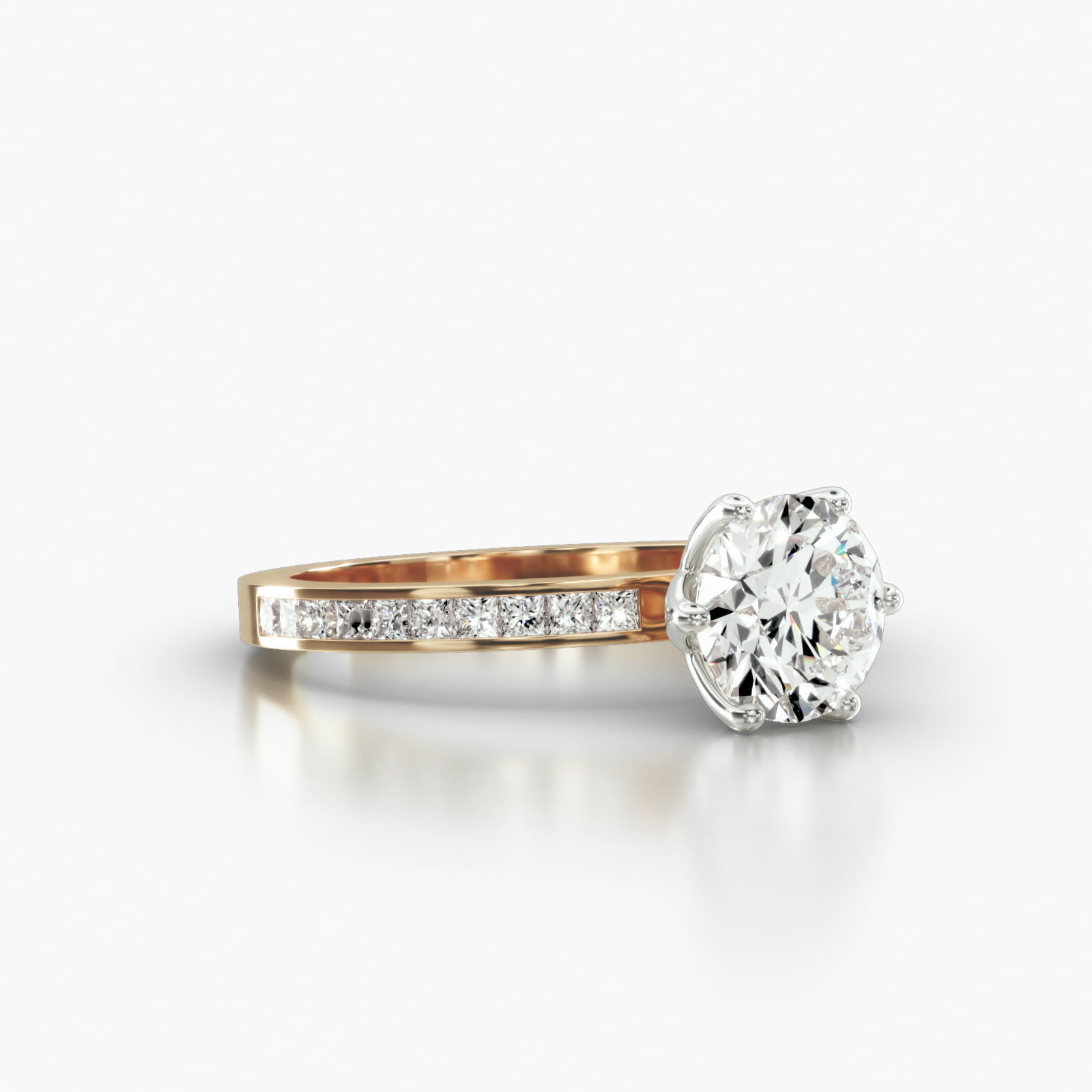 Channel Set Princess Cut Diamond Engagement Ring Embellished With a Scalloped Six Prong Head