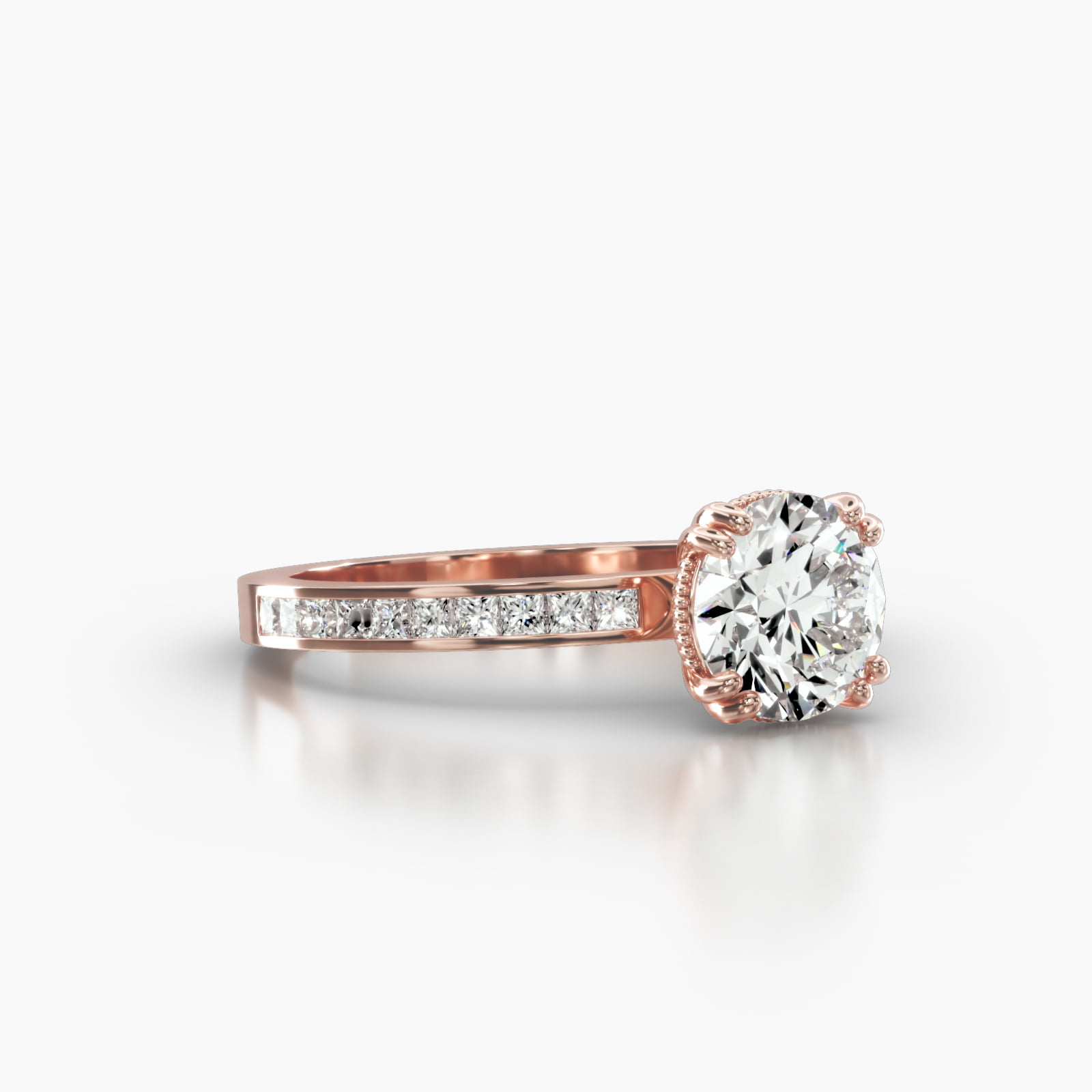 Channel Set Princess Cut Diamond Engagement Ring Embellished With a Vintage Basket Head