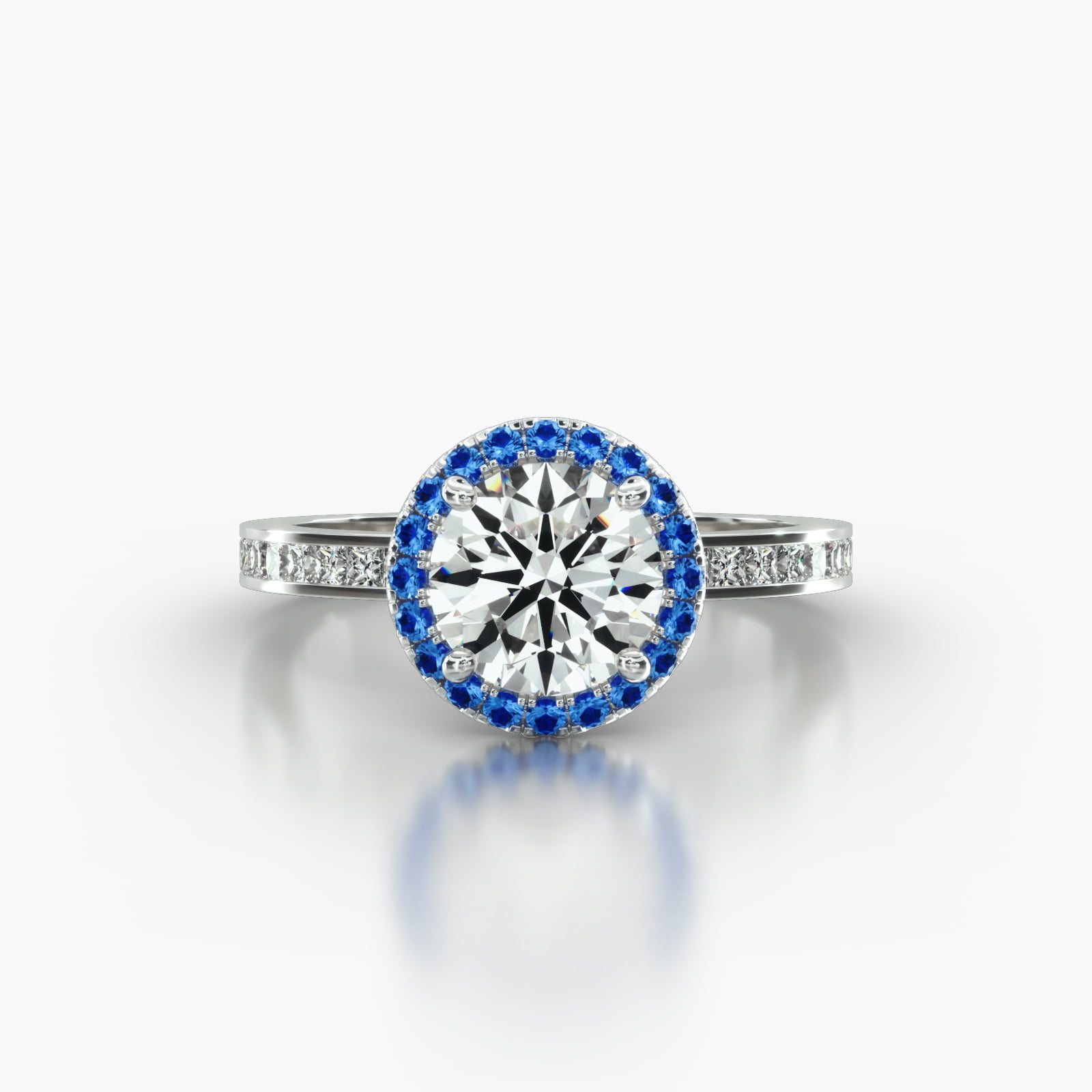 Channel Set Princess Cut Diamond Engagement Ring Embellished With a Single Row Sapphire Pavé Halo Head