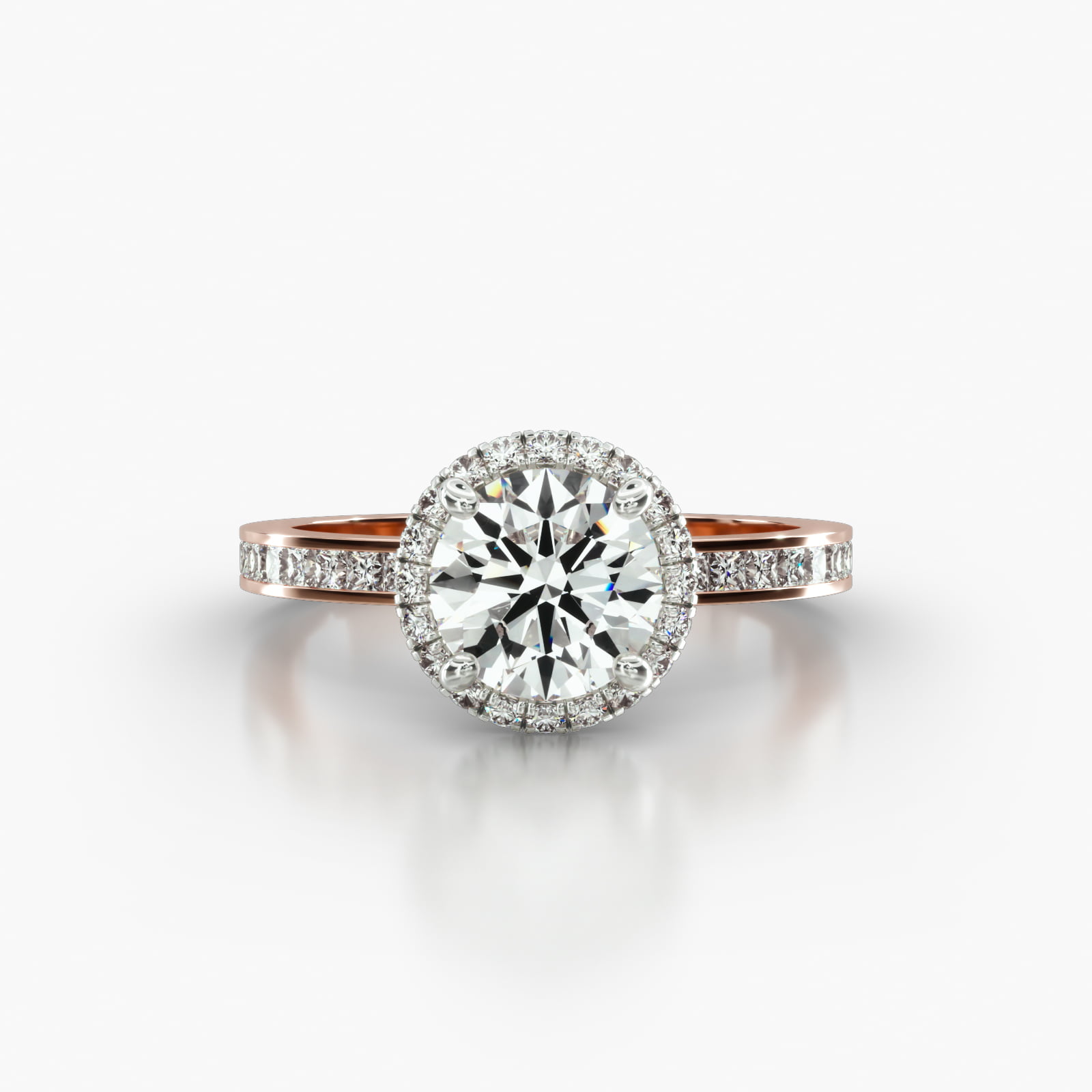 Channel Set Princess Cut Diamond Engagement Ring Embellished With a French Pavé Halo Head