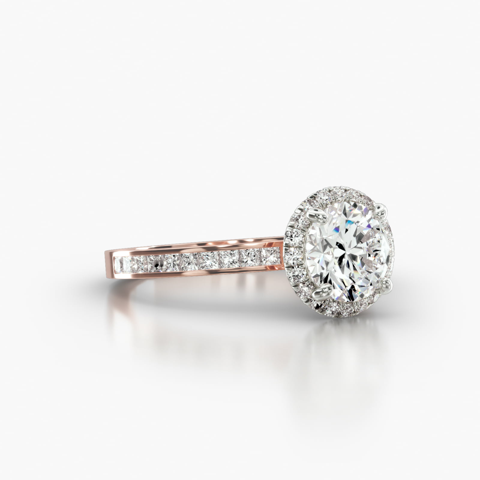 Channel Set Princess Cut Diamond Engagement Ring Embellished With a French Pavé Halo Head