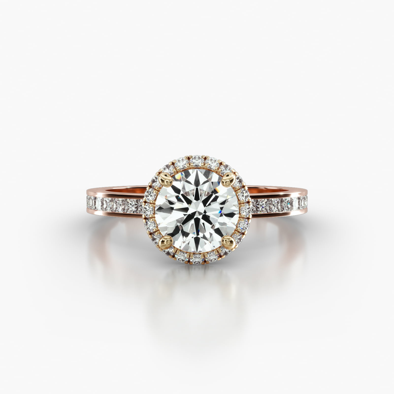 Channel Set Princess Cut Diamond Engagement Ring Embellished With a French Pavé Halo Head