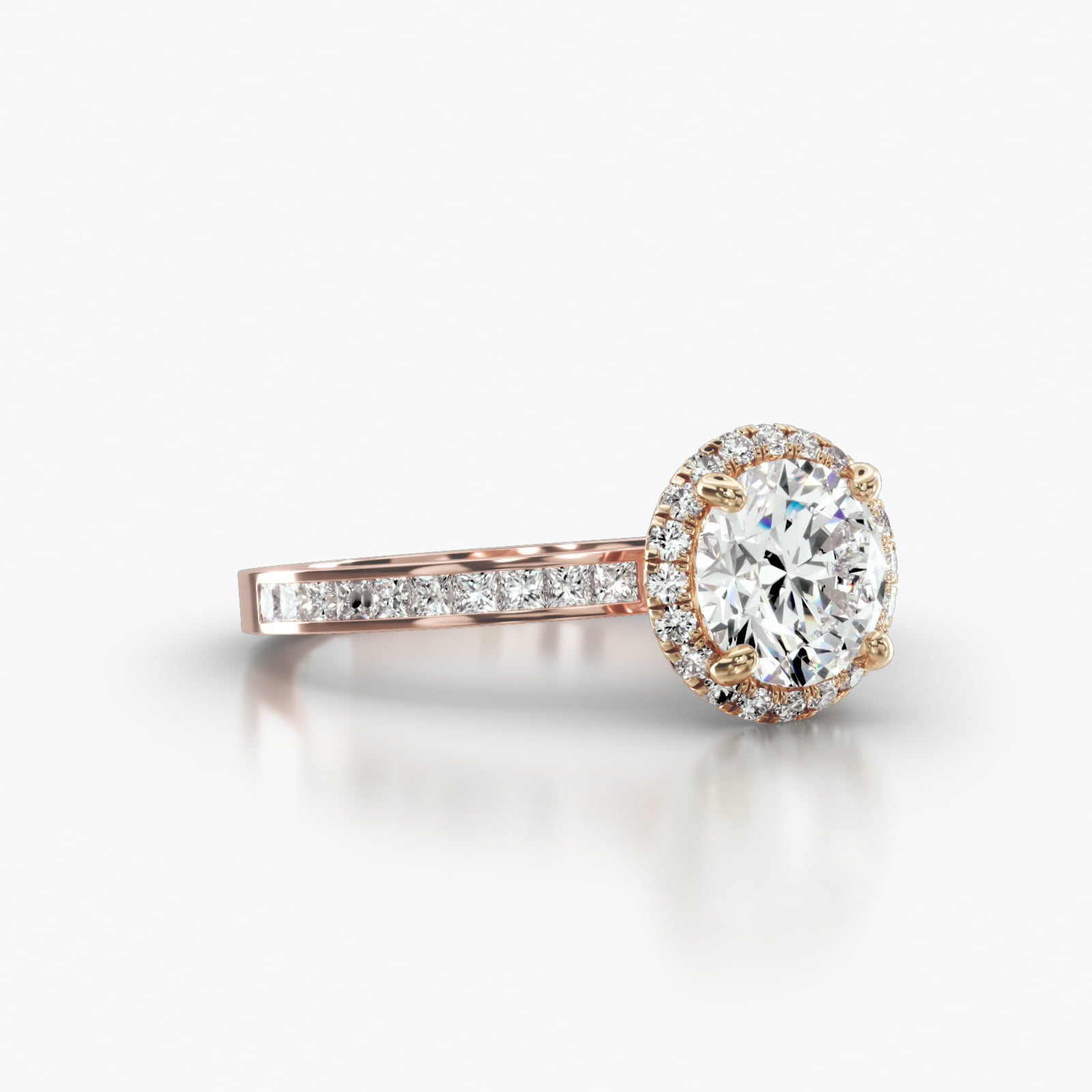 Channel Set Princess Cut Diamond Engagement Ring Embellished With a French Pavé Halo Head