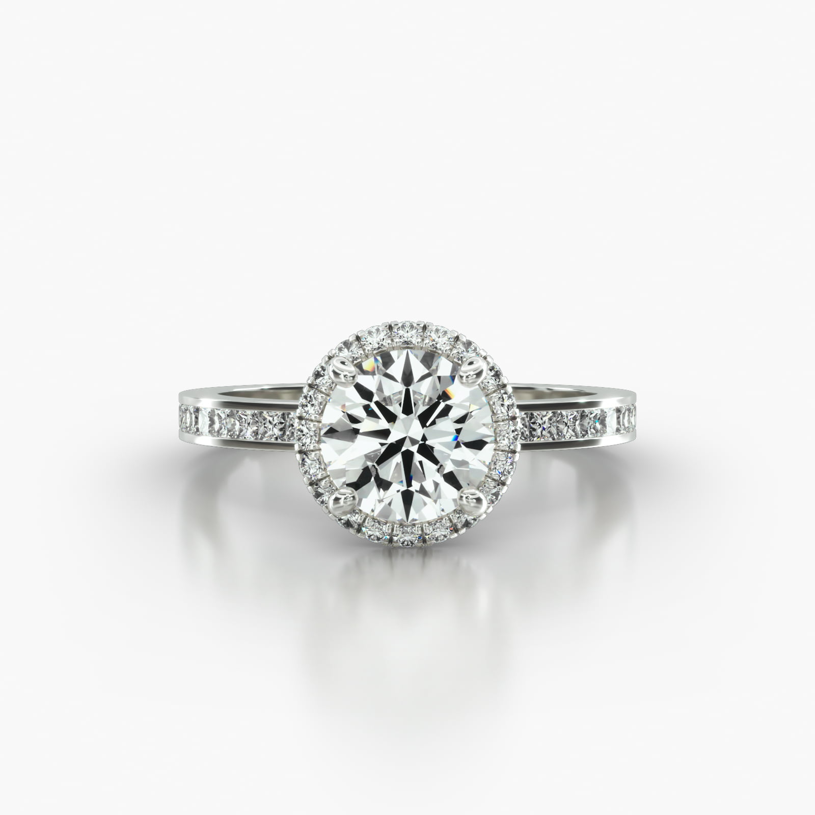Channel Set Princess Cut Diamond Engagement Ring Embellished With a French Pavé Halo Head