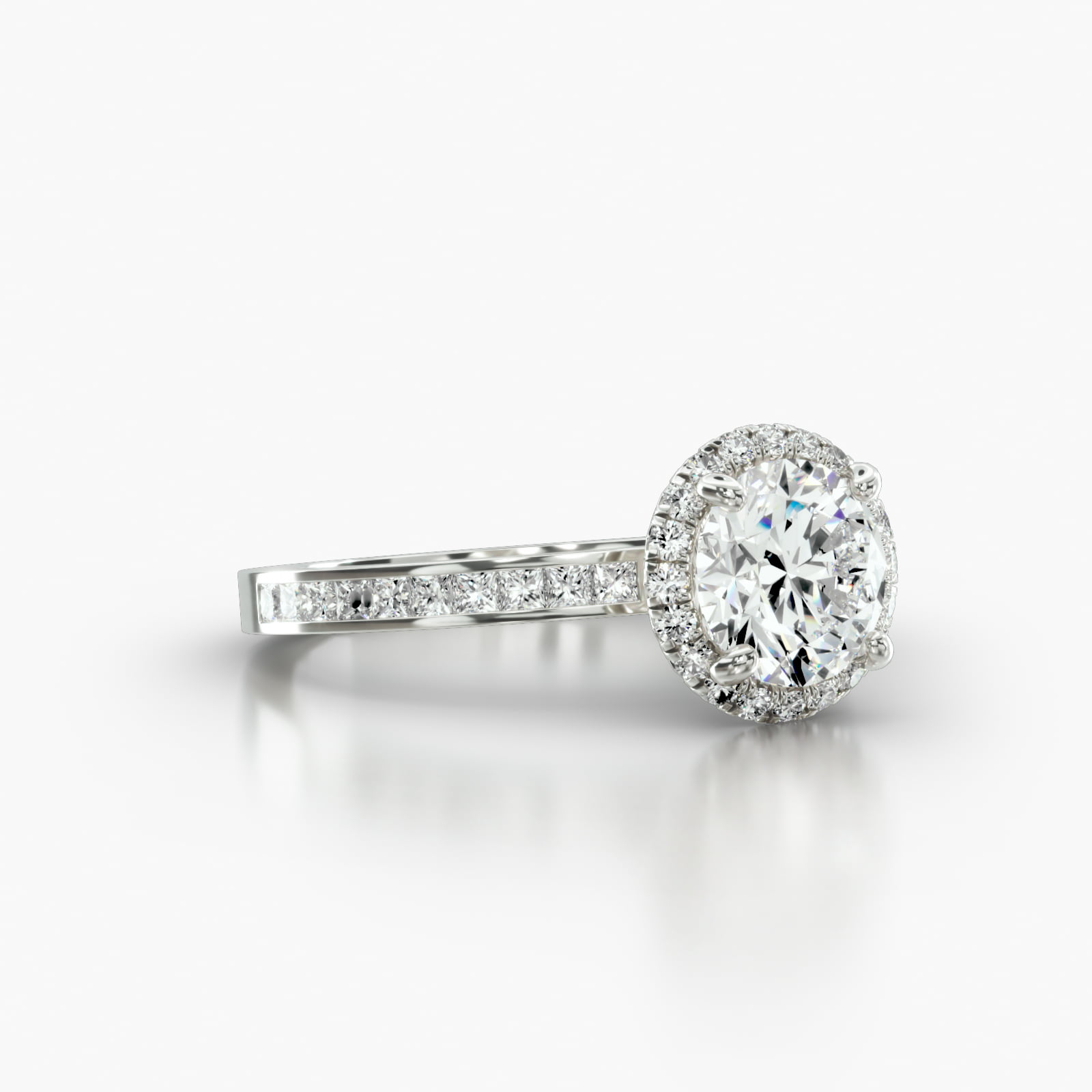 Channel Set Princess Cut Diamond Engagement Ring Embellished With a French Pavé Halo Head