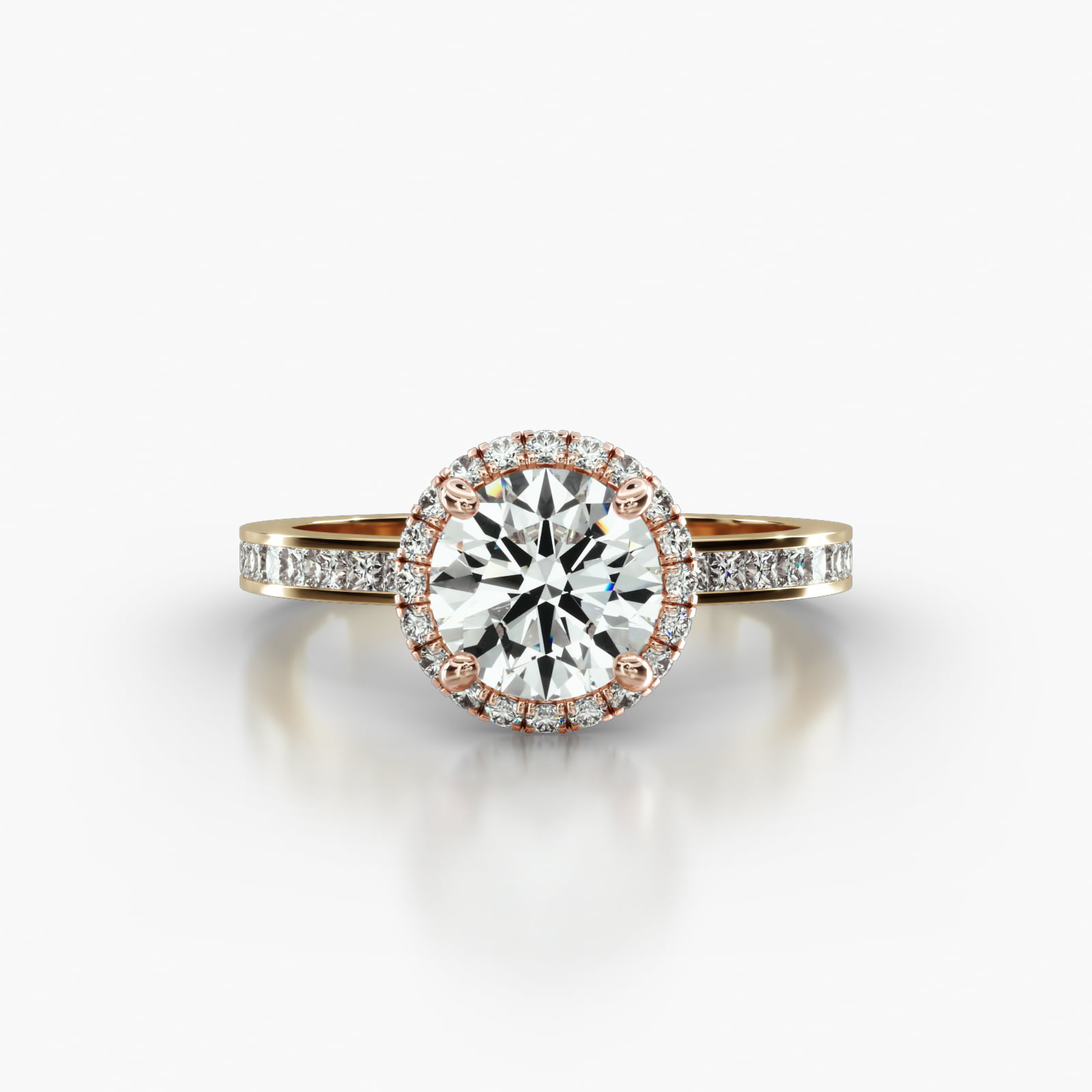 Channel Set Princess Cut Diamond Engagement Ring Embellished With a French Pavé Halo Head