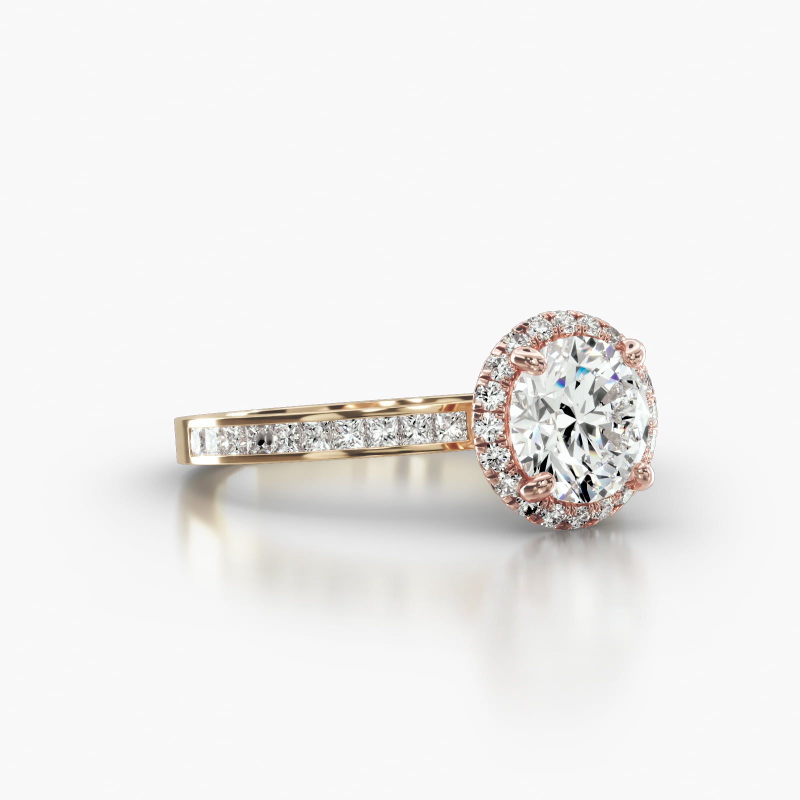 Channel Set Princess Cut Diamond Engagement Ring Embellished With a French Pavé Halo Head