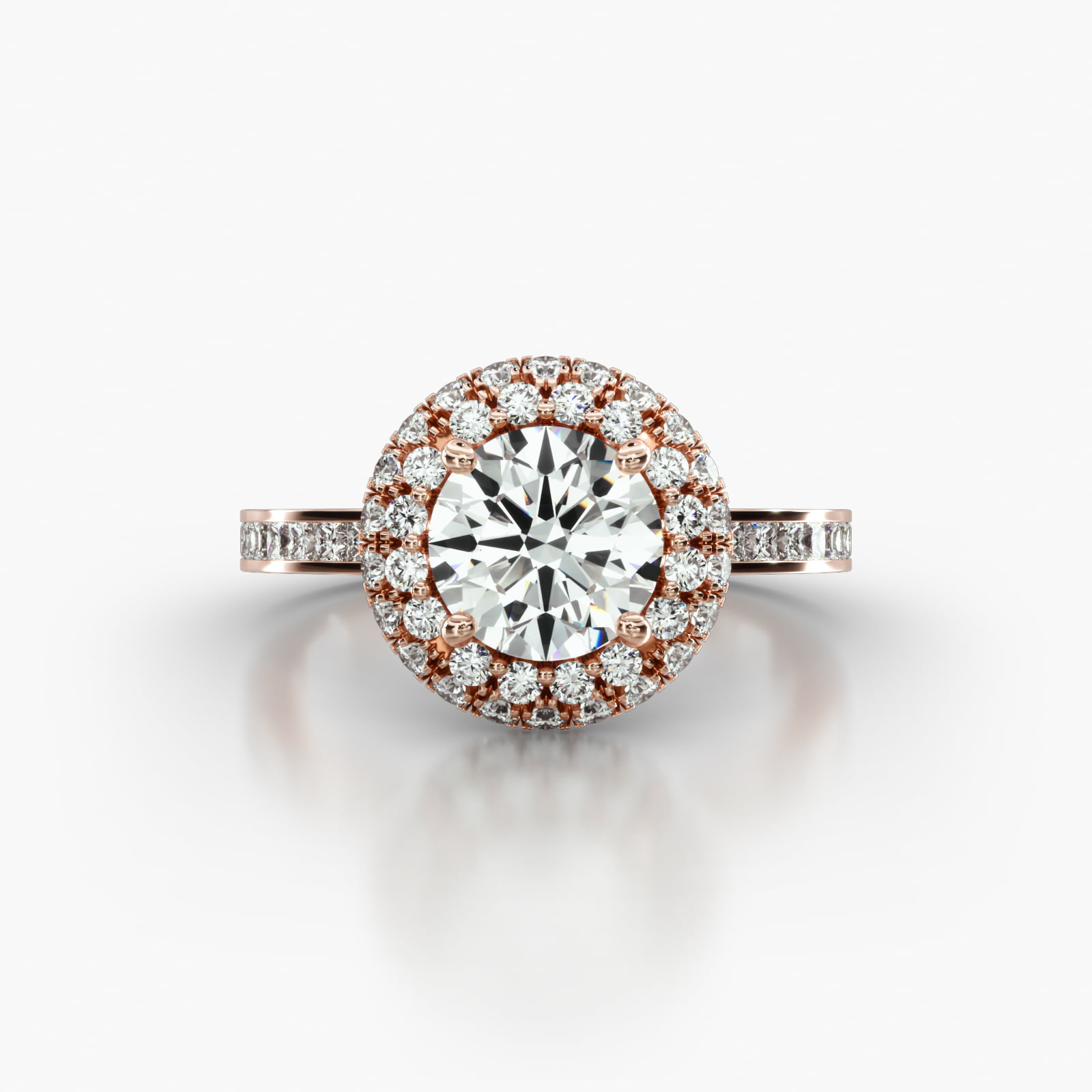 Channel Set Princess Cut Diamond Engagement Ring Embellished With a Falling Edge Pavé Halo Head