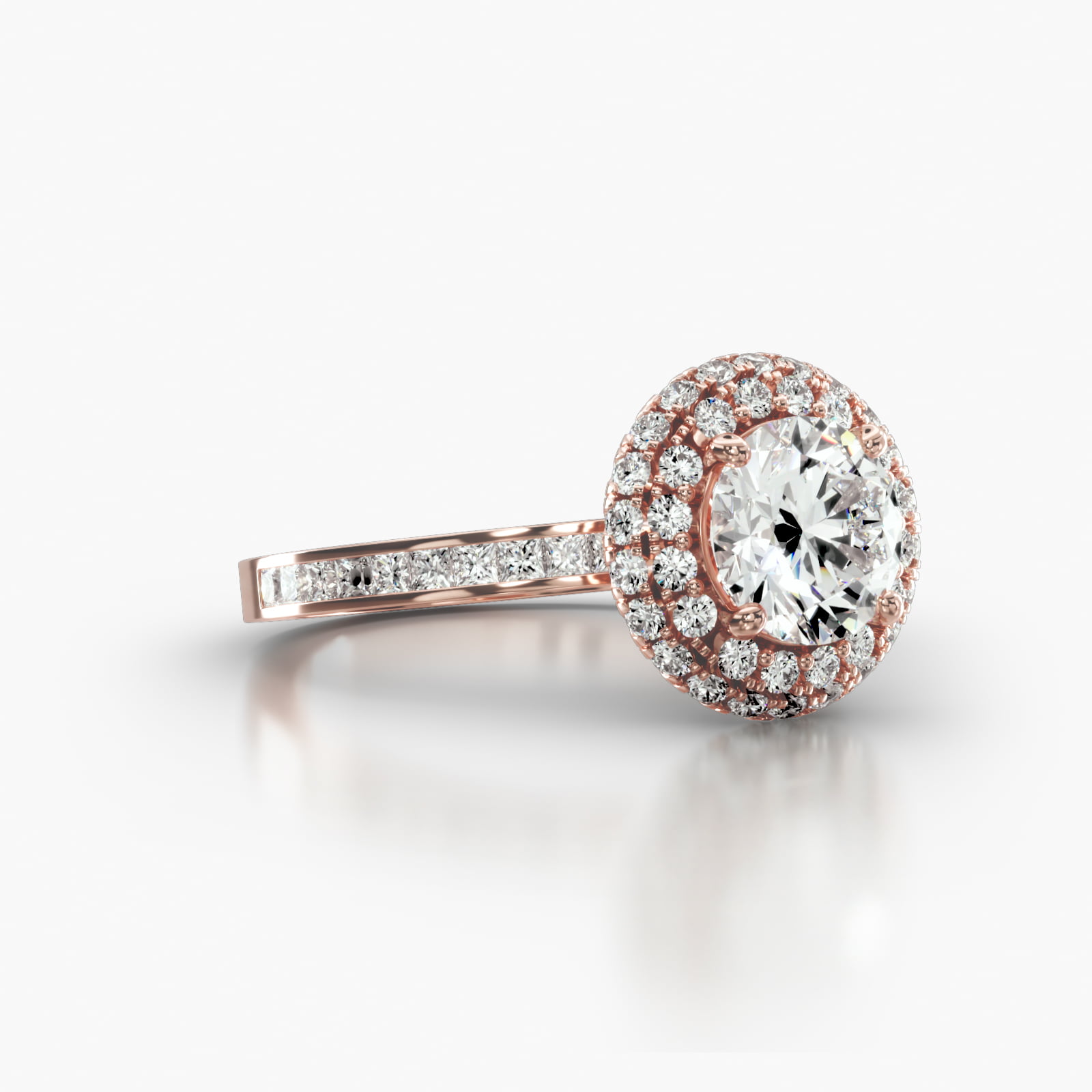 Channel Set Princess Cut Diamond Engagement Ring Embellished With a Falling Edge Pavé Halo Head