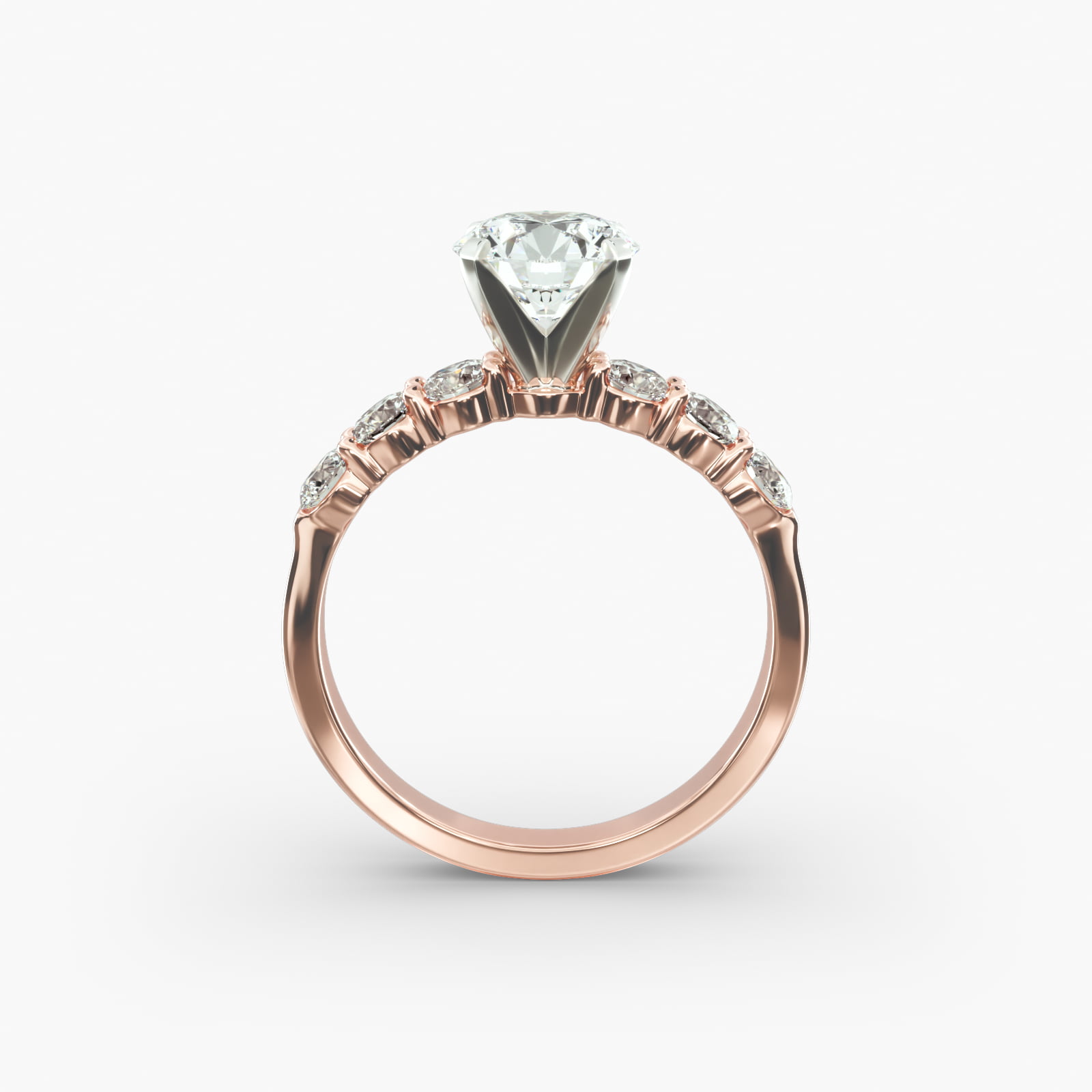 Six Round Side Stone Diamond Common Prong Engagement Ring In 14K Rose Gold