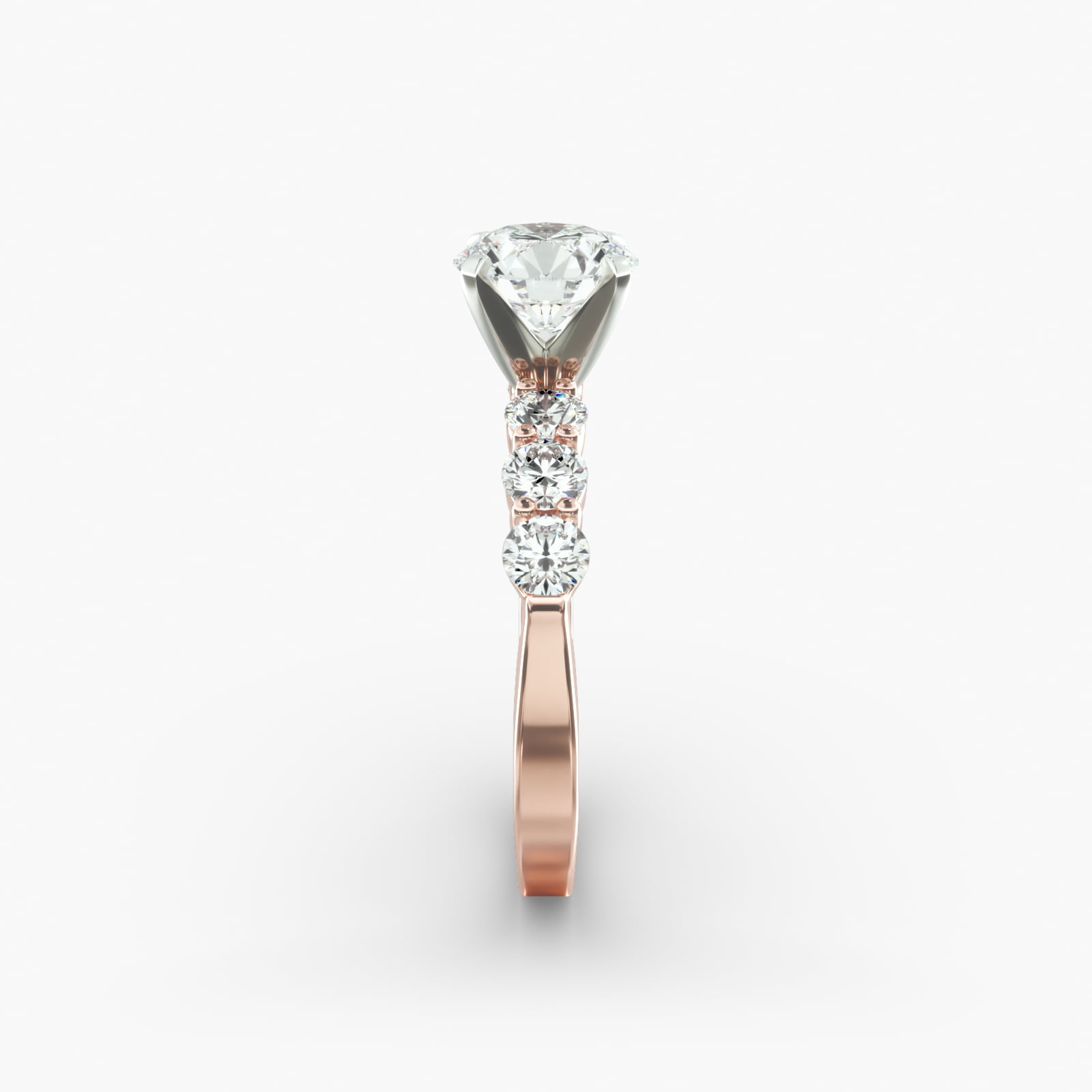 Six Round Side Stone Diamond Common Prong Engagement Ring In 14K Rose Gold