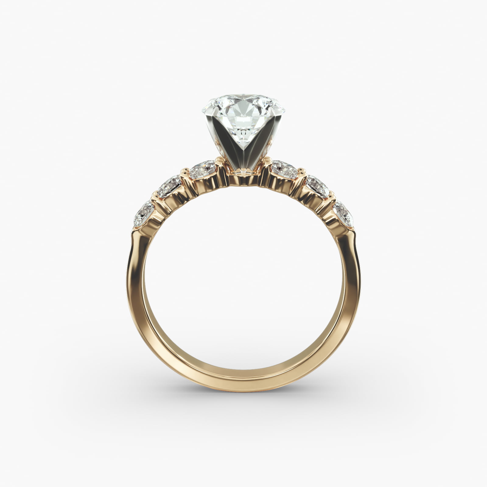 Six Round Side Stone Diamond Common Prong Engagement Ring In 18K Yellow Gold