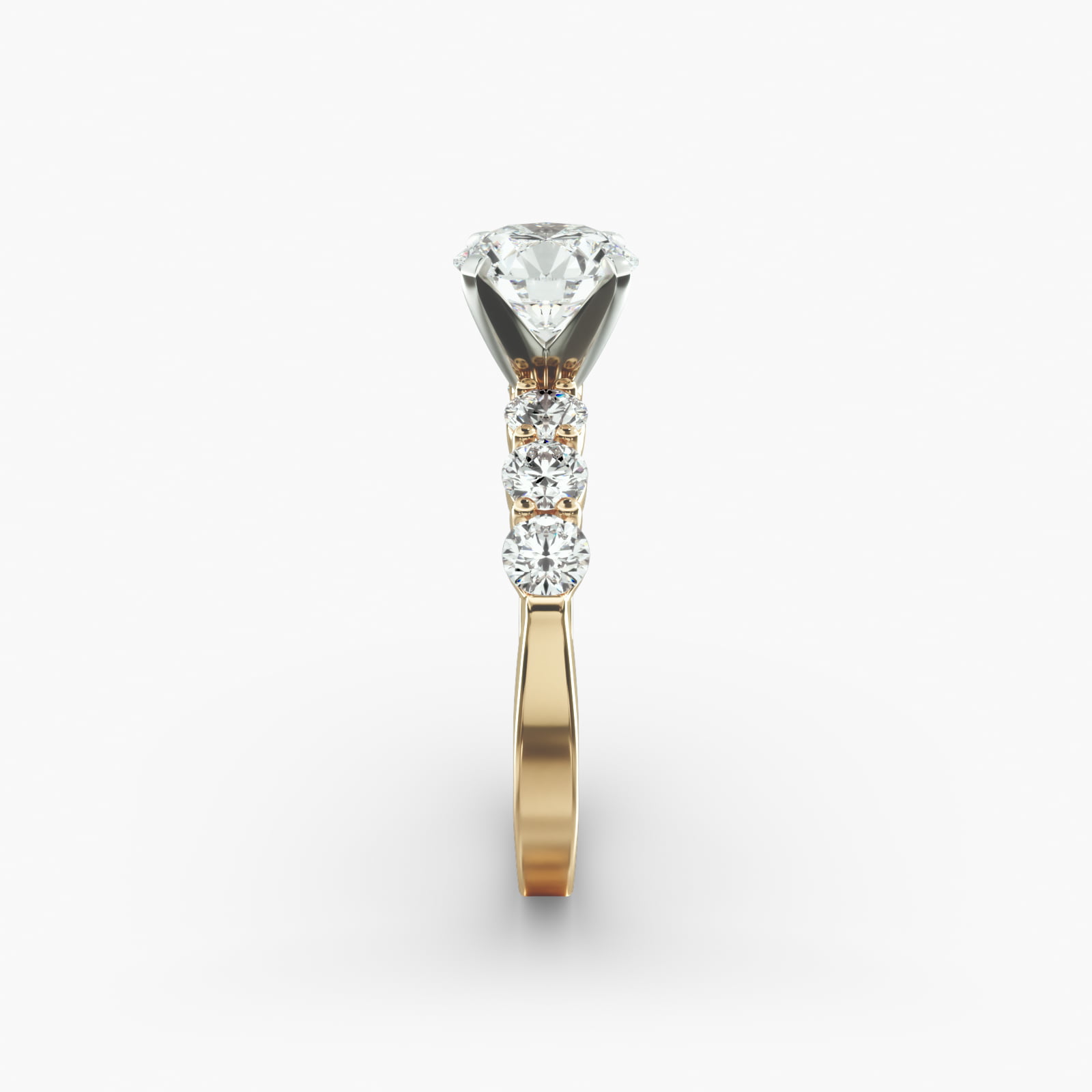 Six Round Side Stone Diamond Common Prong Engagement Ring In 18K Yellow Gold