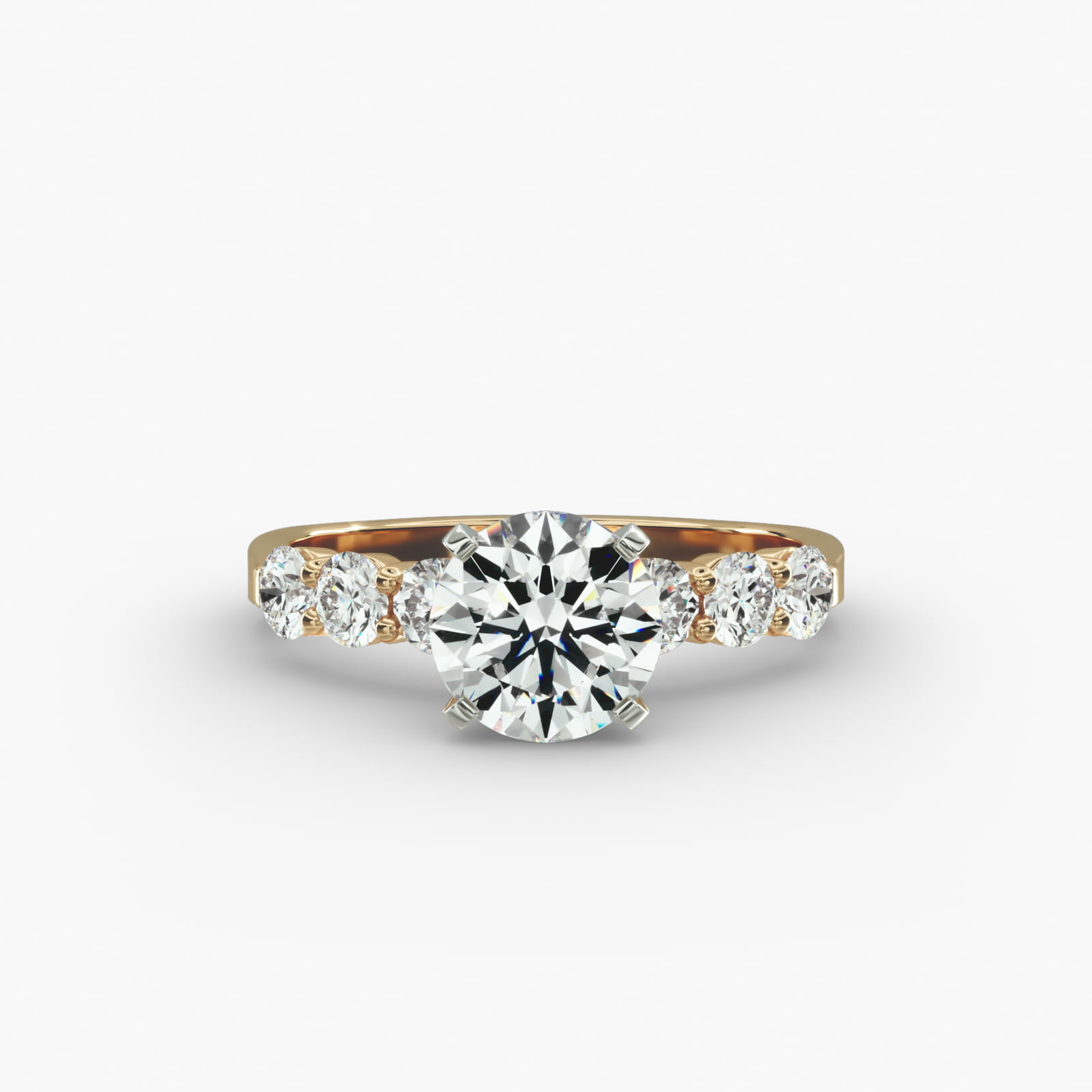 Six Round Side Stone Diamond Common Prong Engagement Ring In 18K Yellow Gold