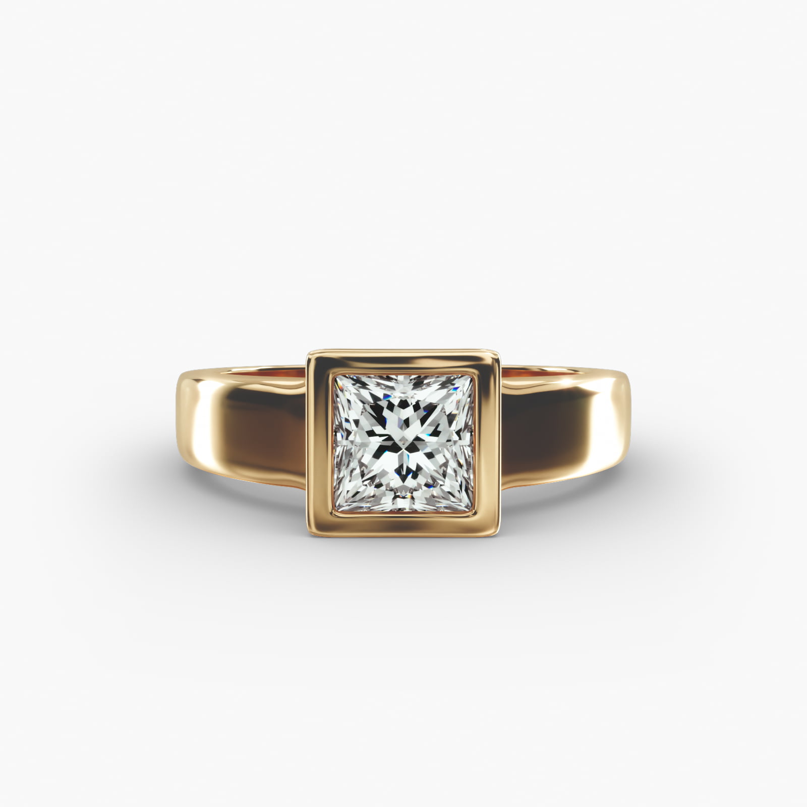 Bezel Set Princess Cut Solitaire Engagement Ring In 18K Yellow Gold
