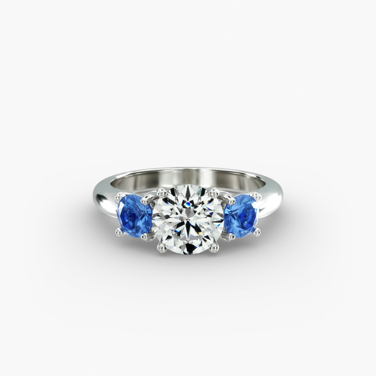 Round Blue Sapphire Three Stone Engagement Ring In 14K White Gold