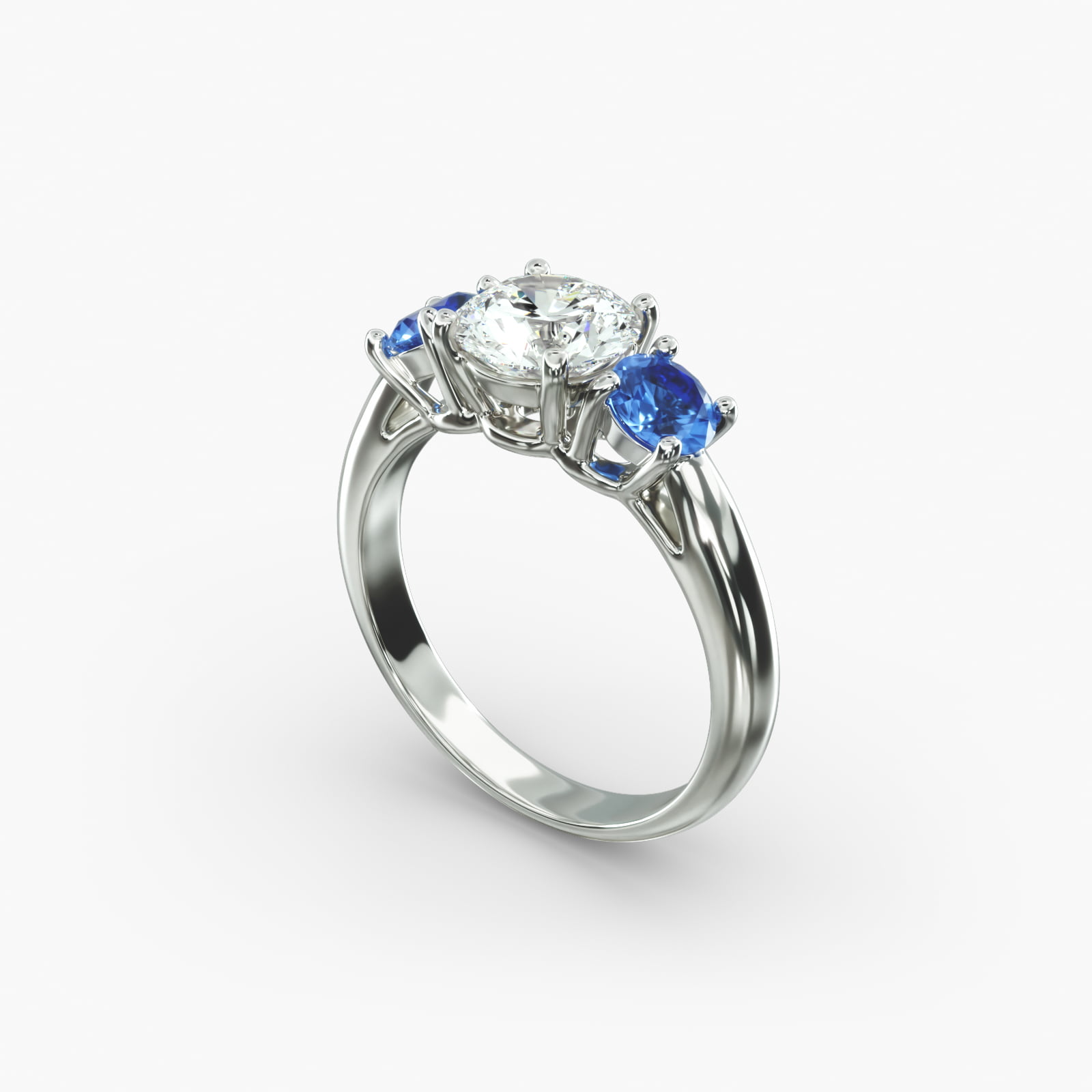 Round Blue Sapphire Three Stone Engagement Ring In 14K White Gold