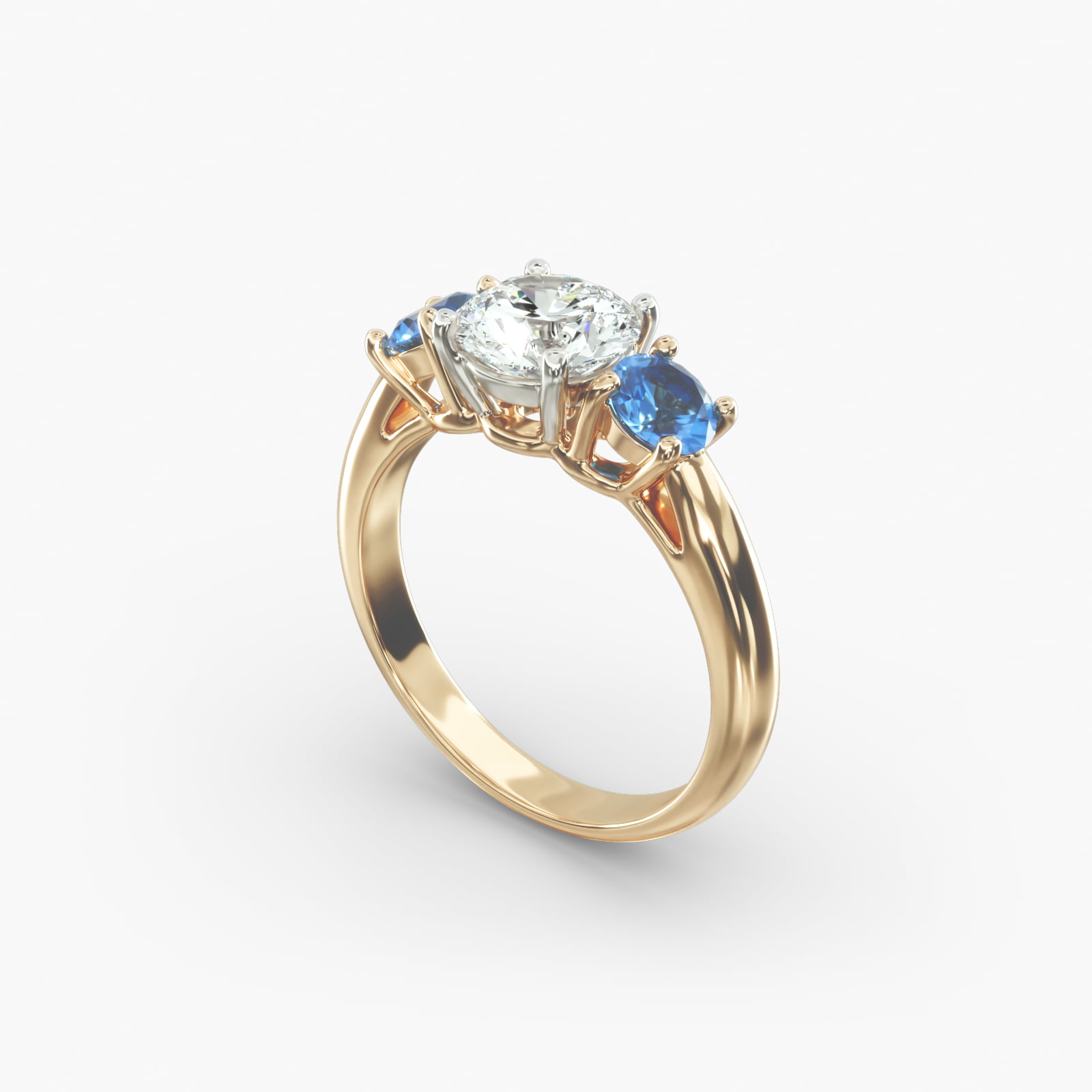 Round Blue Sapphire Three Stone Engagement Ring In 18K Yellow Gold