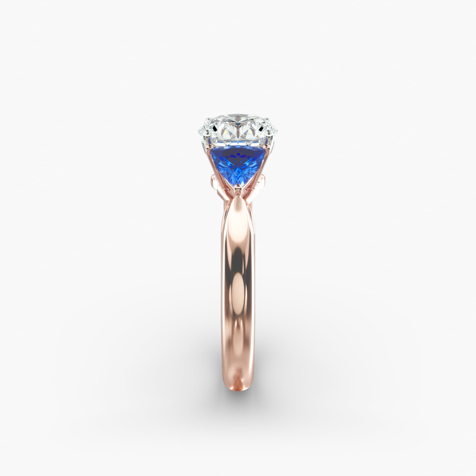 Trillion Cut Blue Sapphire Three Stone Engagement Ring In 14K Rose Gold
