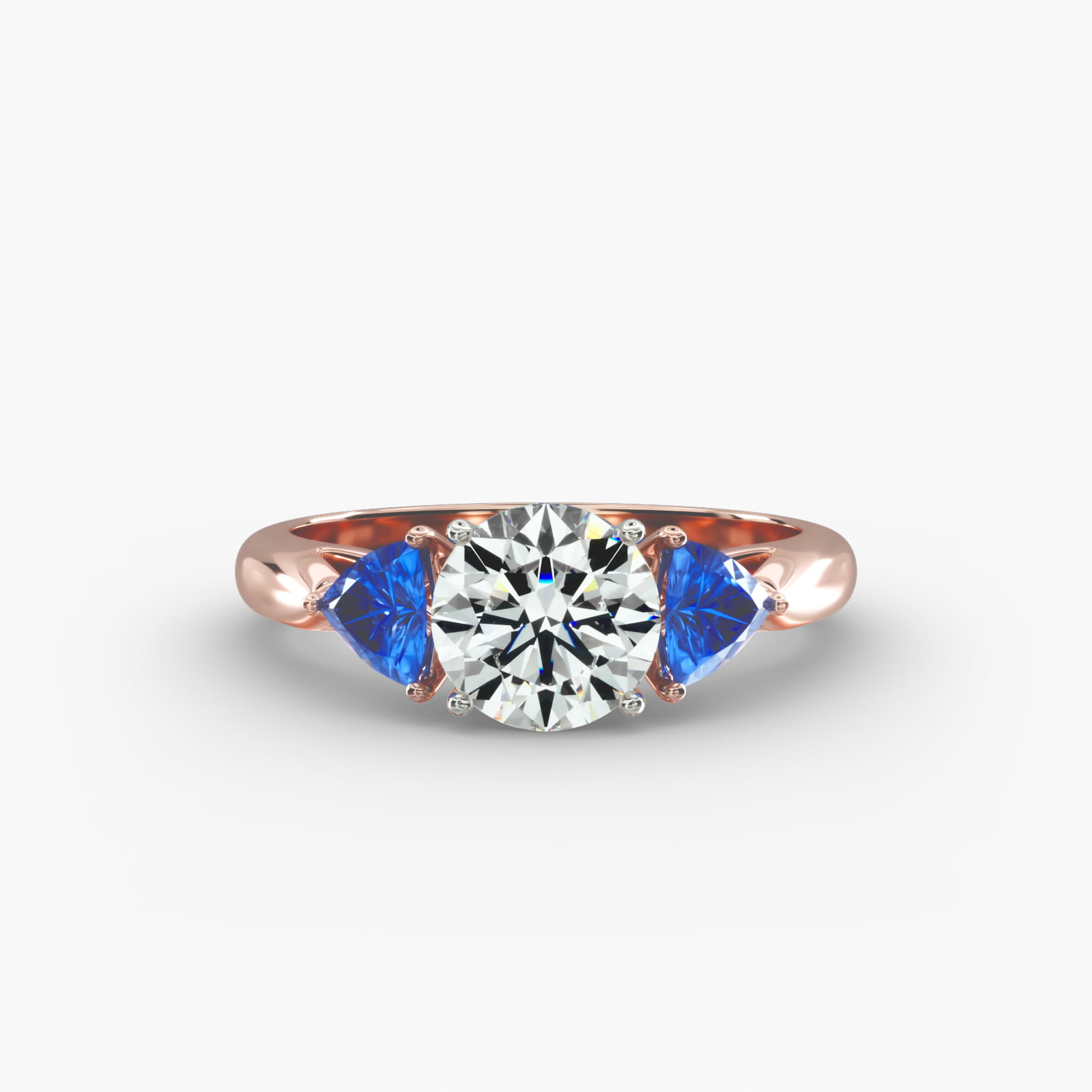 Trillion Cut Blue Sapphire Three Stone Engagement Ring In 14K Rose Gold