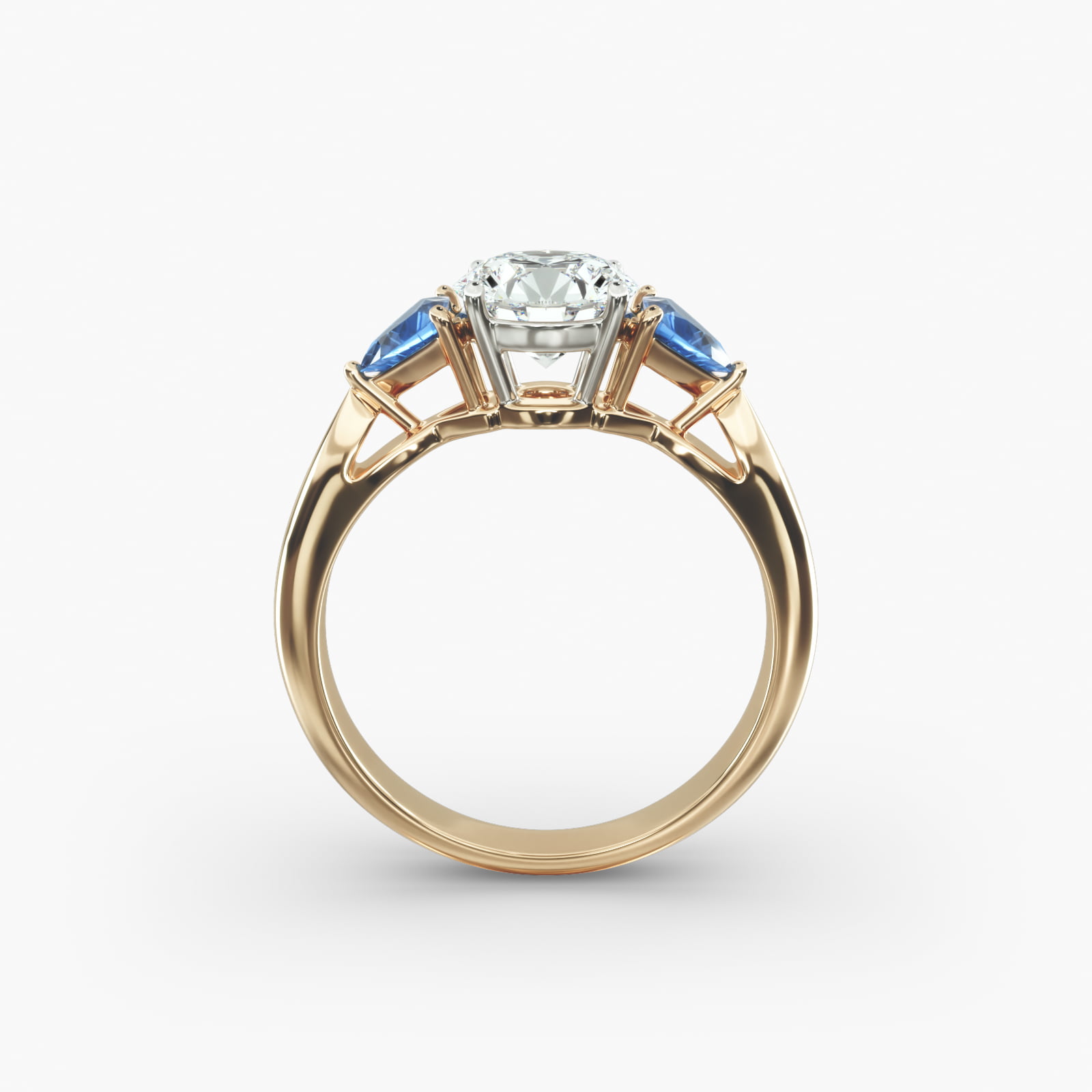 Trillion Cut Blue Sapphire Three Stone Engagement Ring In 18K Yellow Gold