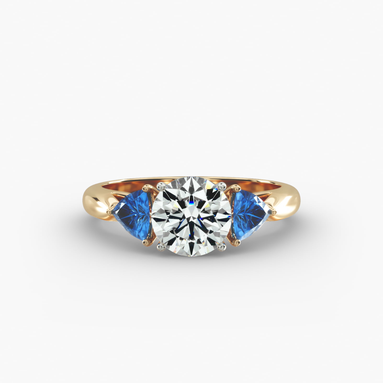 Trillion Cut Blue Sapphire Three Stone Engagement Ring In 18K Yellow Gold
