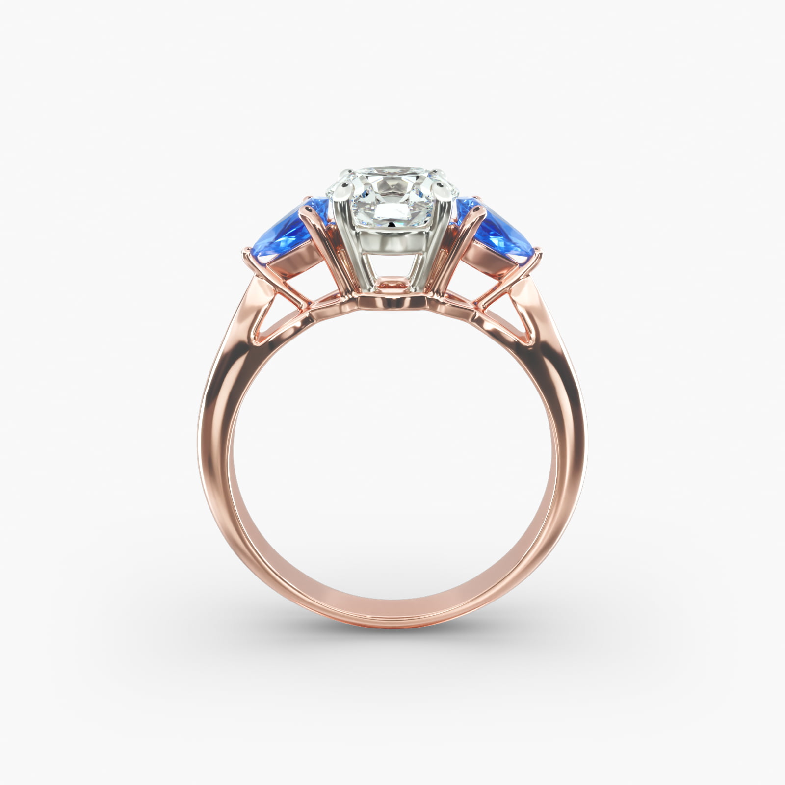 Pear Shaped Blue Sapphire Three Stone Engagement Ring In 14K Rose Gold