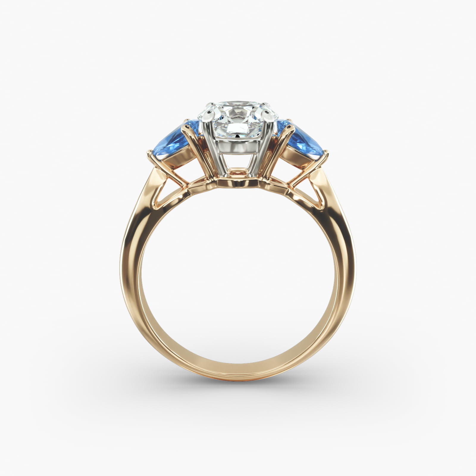 Pear Shaped Blue Sapphire Three Stone Engagement Ring In 18K Yellow Gold