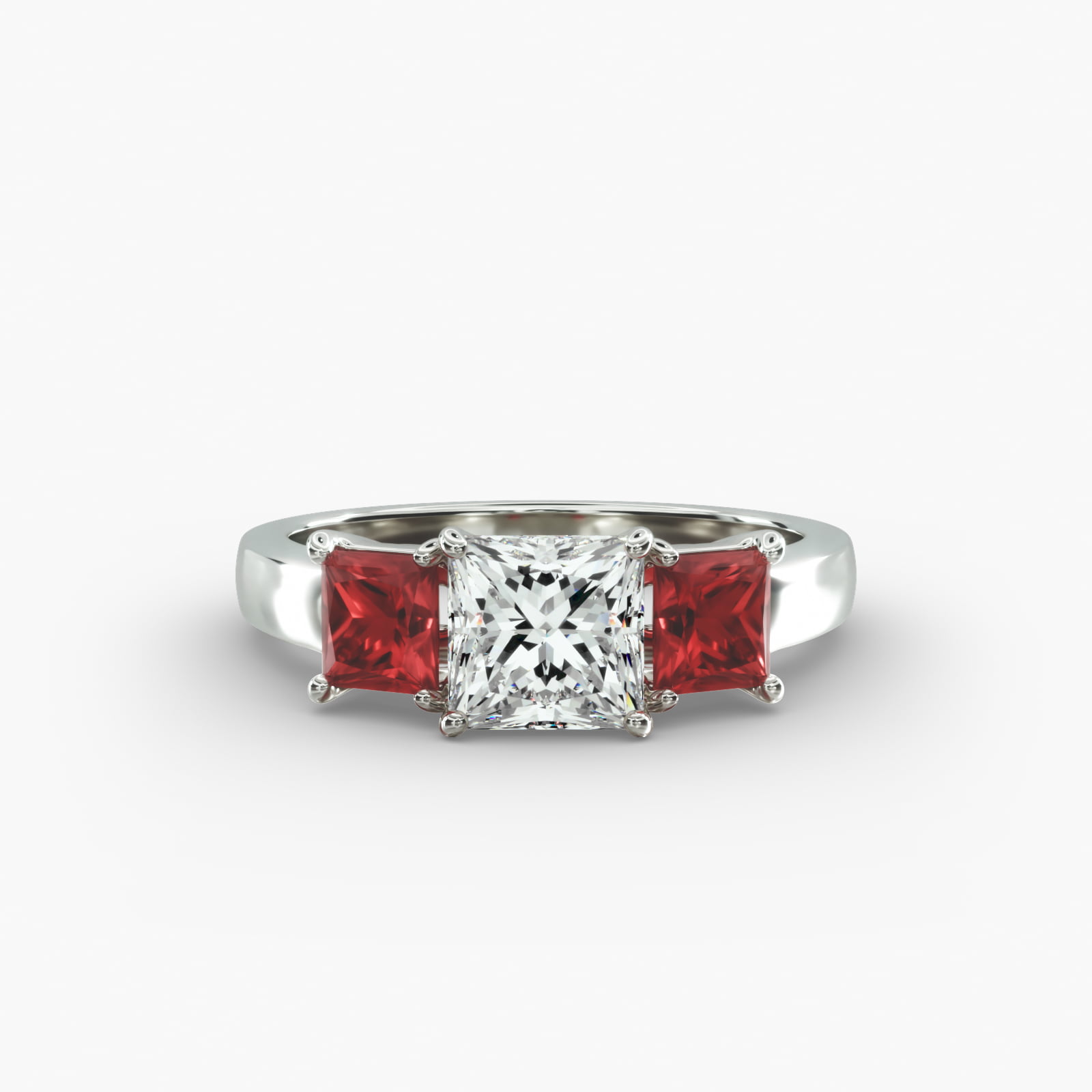 Princess Cut Ruby Three Stone Engagement Ring In 14K White Gold