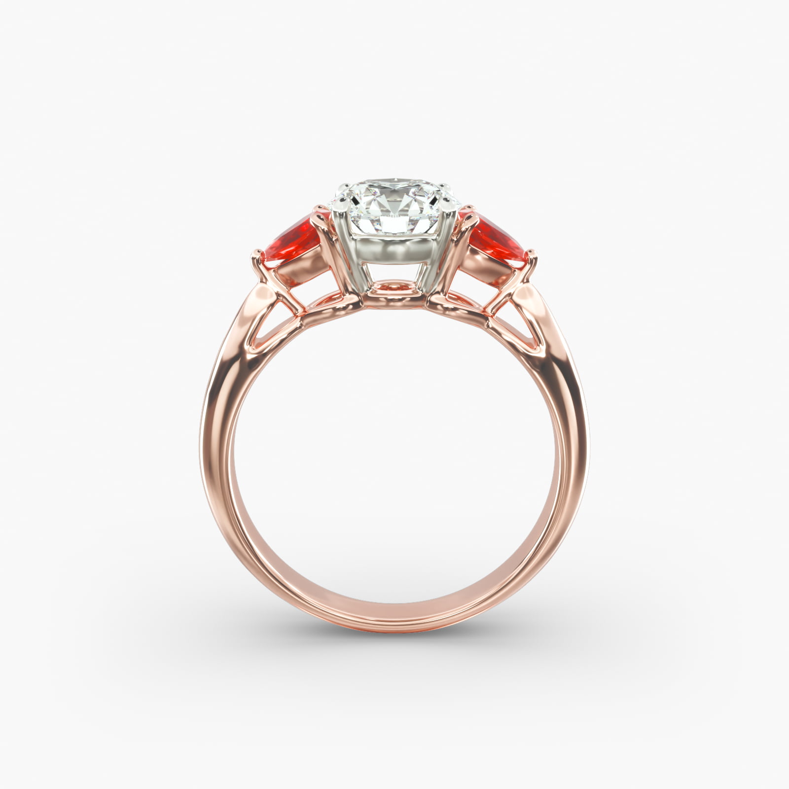 Pear Shaped Ruby Three Stone Engagement Ring In 14K Rose Gold