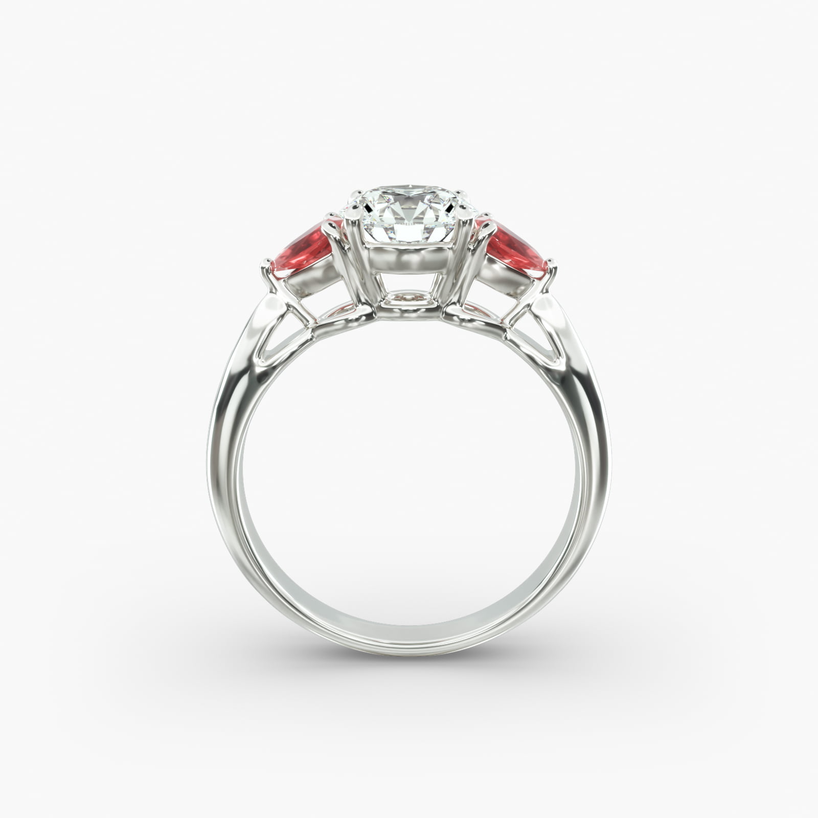 Pear Shaped Ruby Three Stone Engagement Ring In 14K White Gold