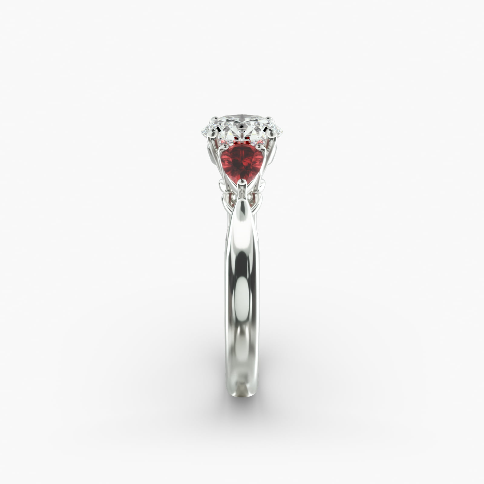 Pear Shaped Ruby Three Stone Engagement Ring In 14K White Gold