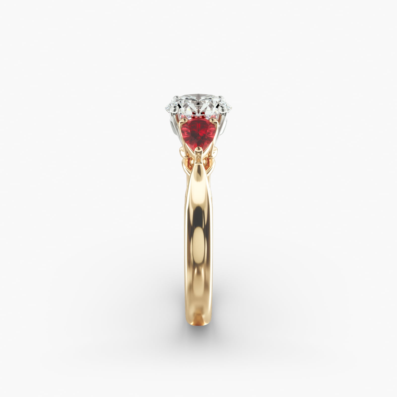 Pear Shaped Ruby Three Stone Engagement Ring In 18K Yellow Gold