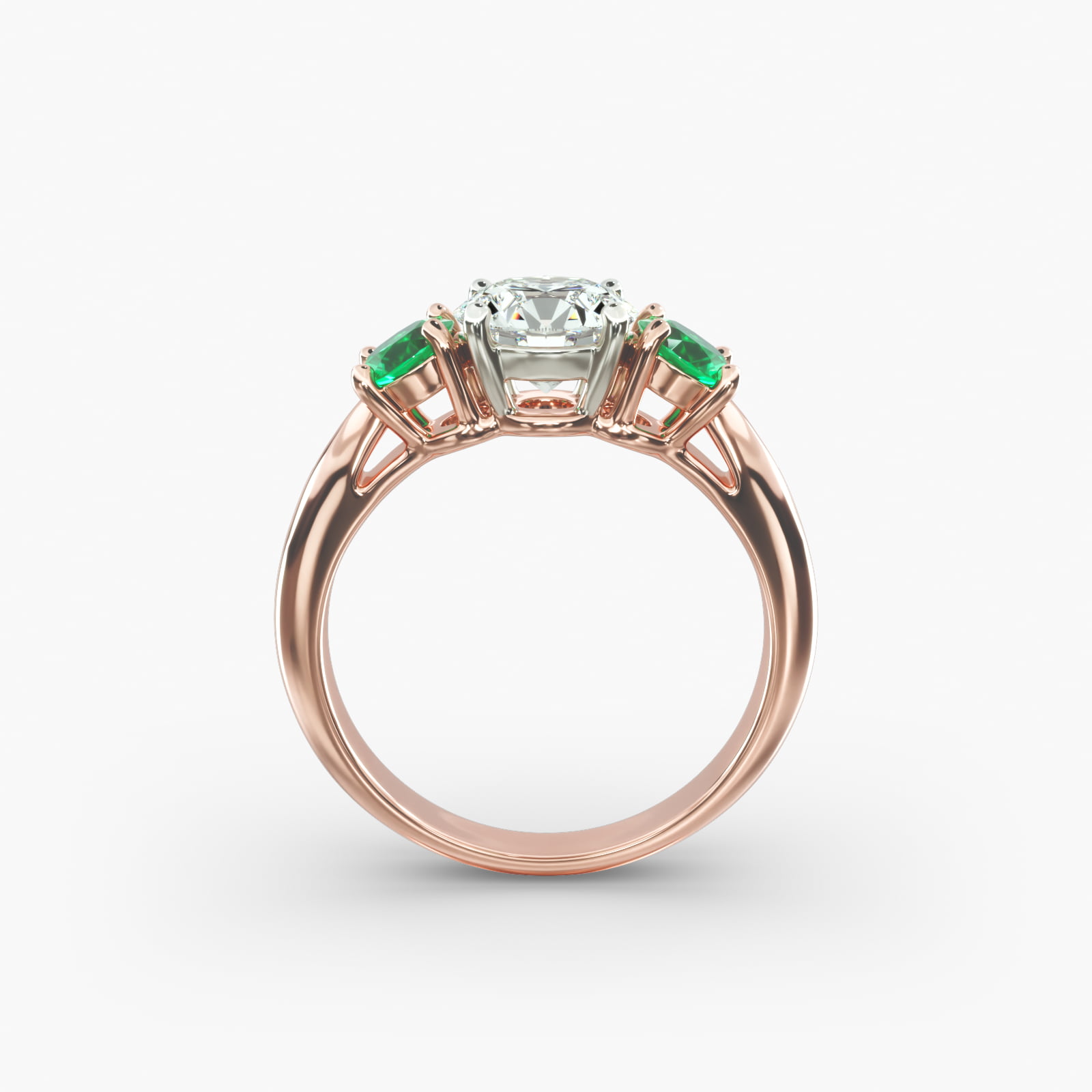 Round Emerald Three Stone Engagement Ring In 14K Rose Gold