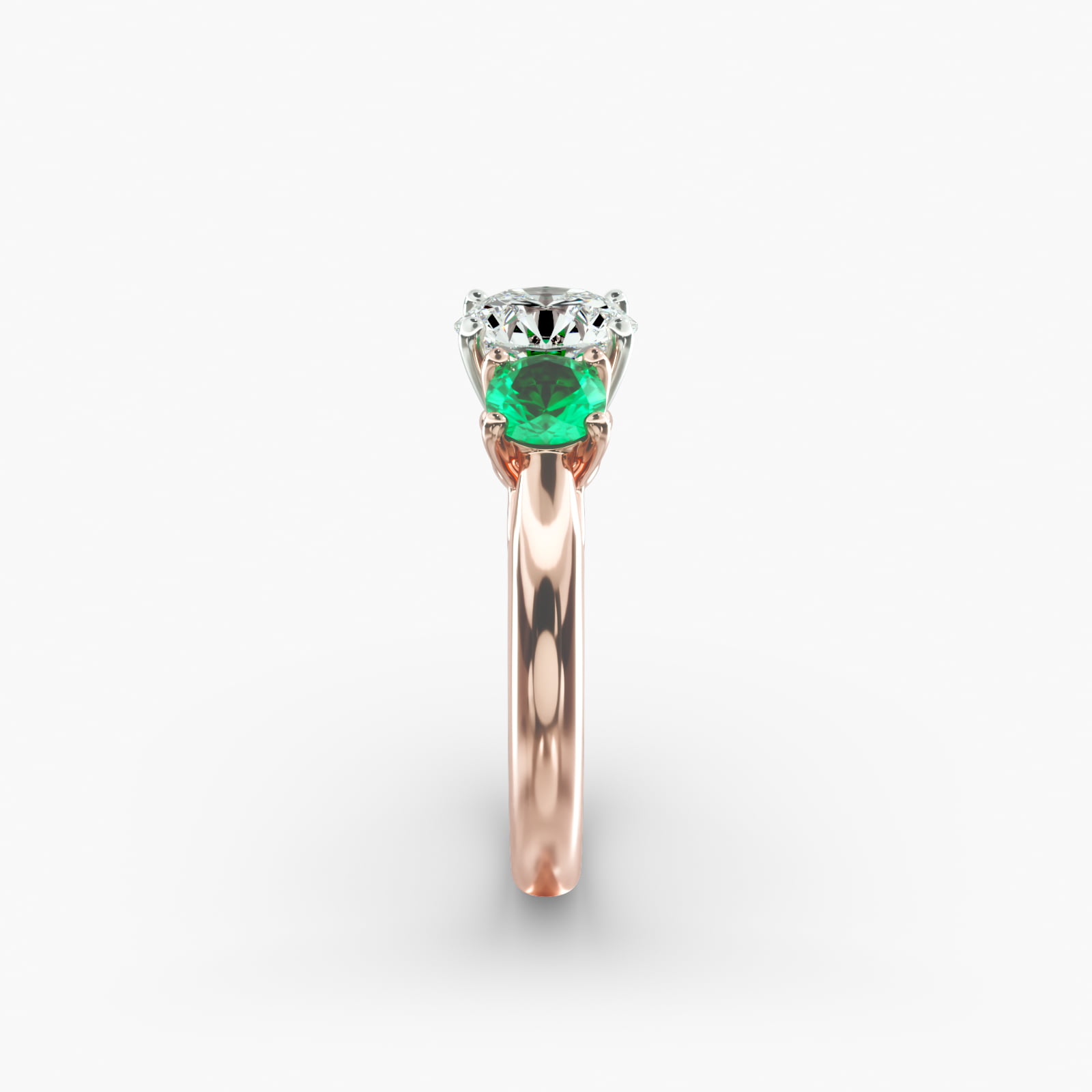 Round Emerald Three Stone Engagement Ring In 14K Rose Gold