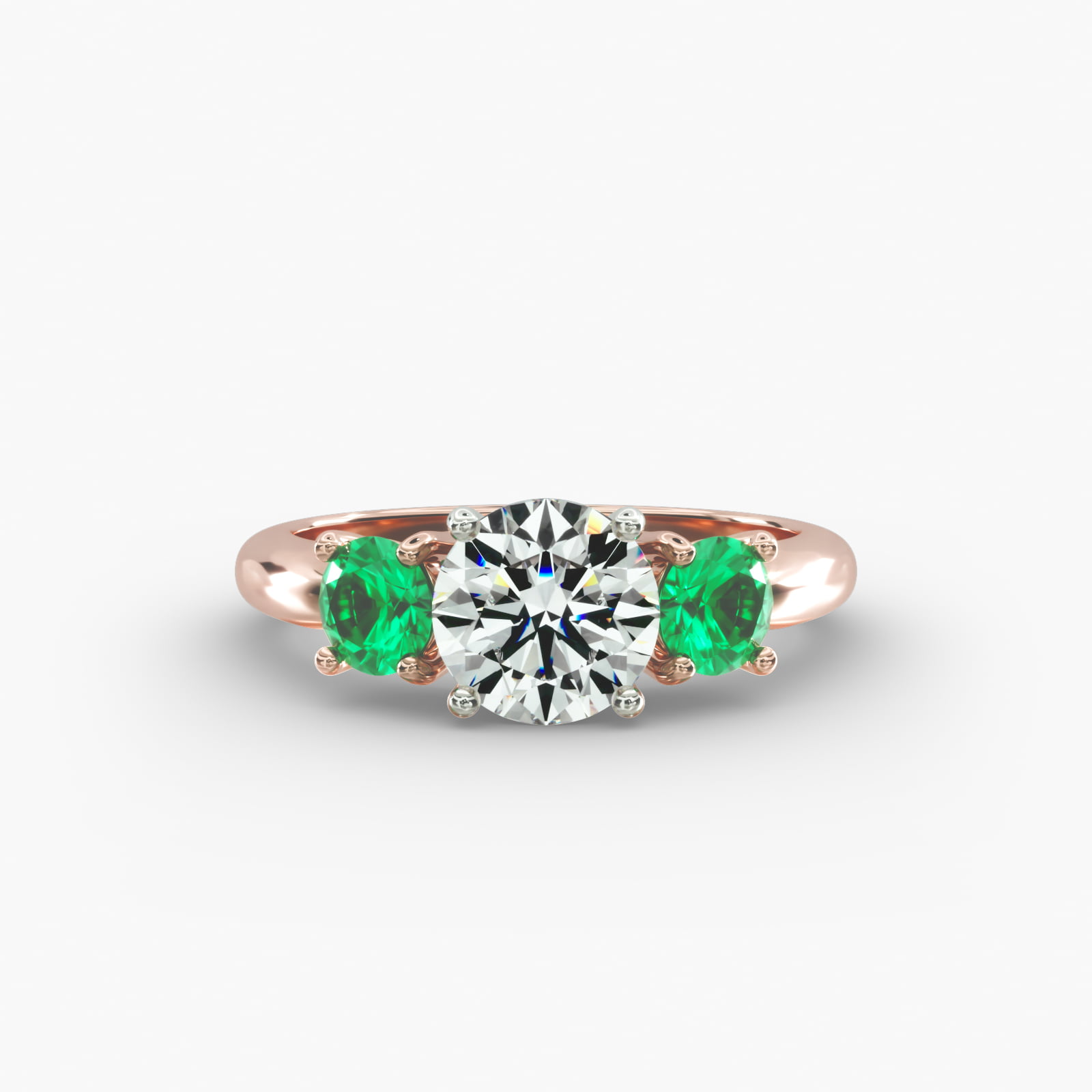Round Emerald Three Stone Engagement Ring In 14K Rose Gold