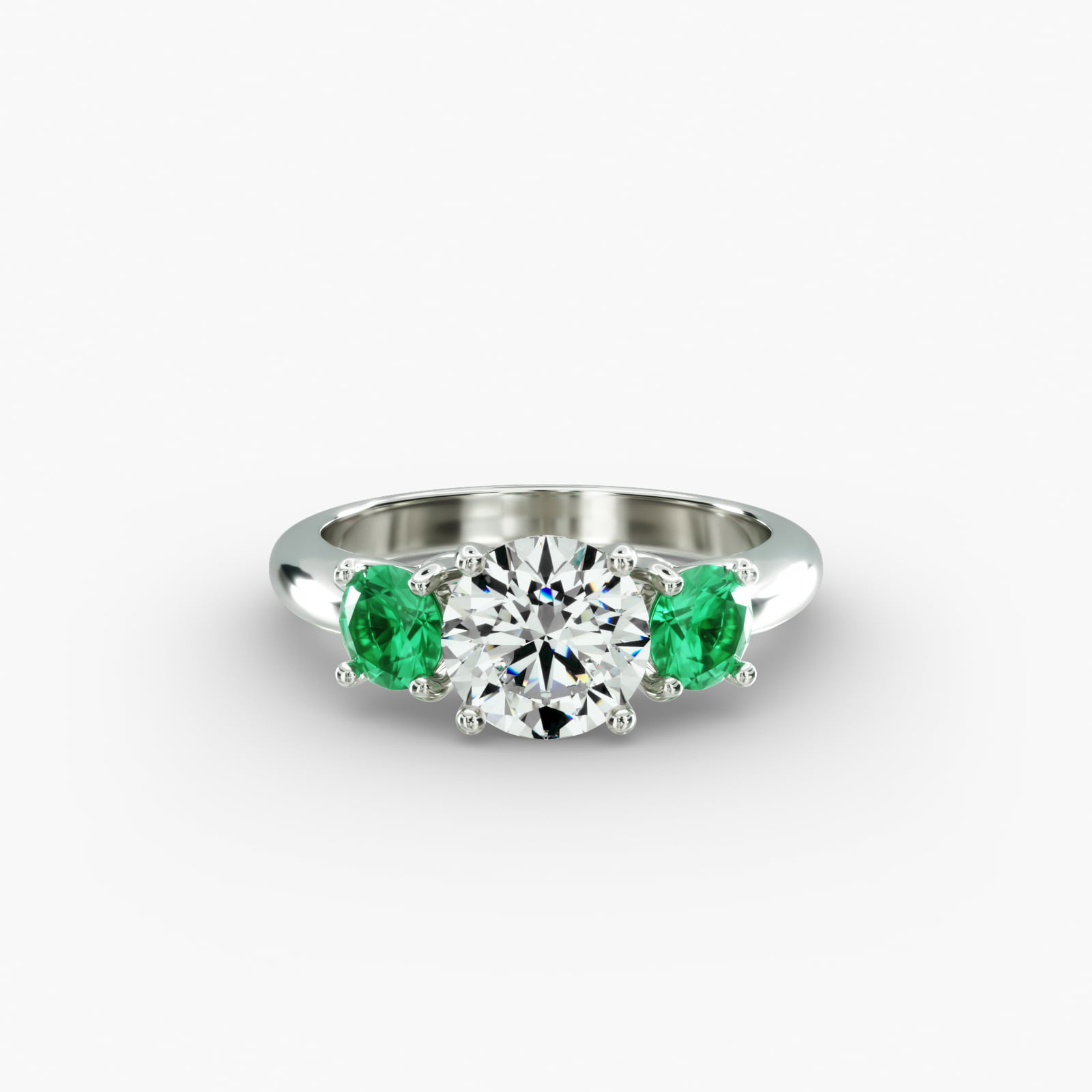Round Emerald Three Stone Engagement Ring In 14K White Gold-11158w14
