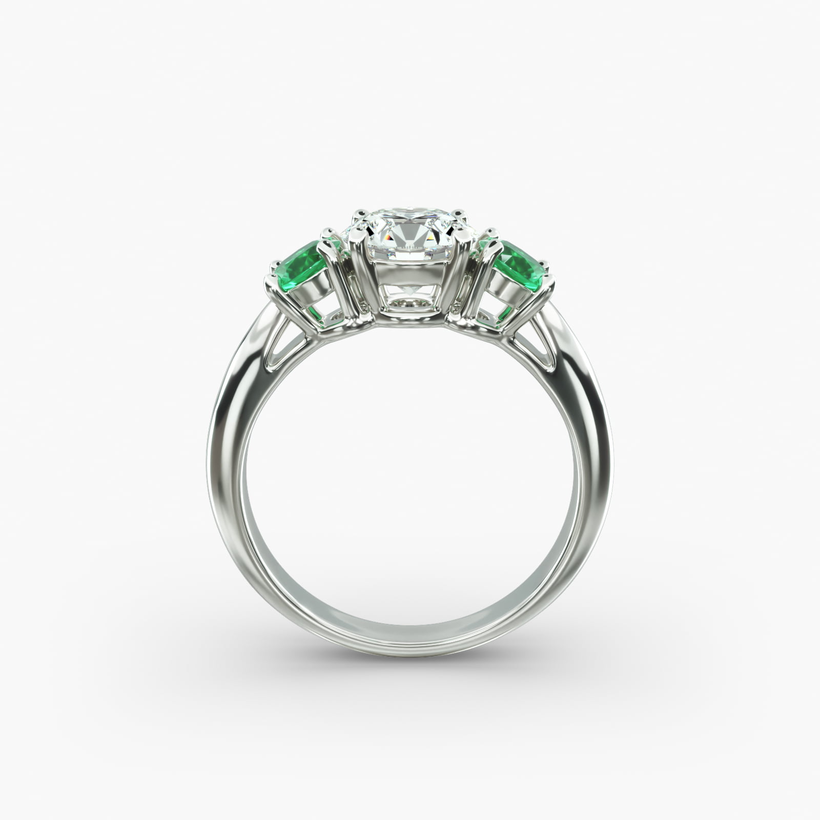 Round Emerald Three Stone Engagement Ring In 14K White Gold