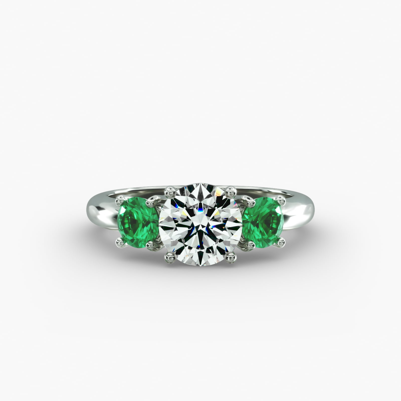 Round Emerald Three Stone Engagement Ring In 14K White Gold