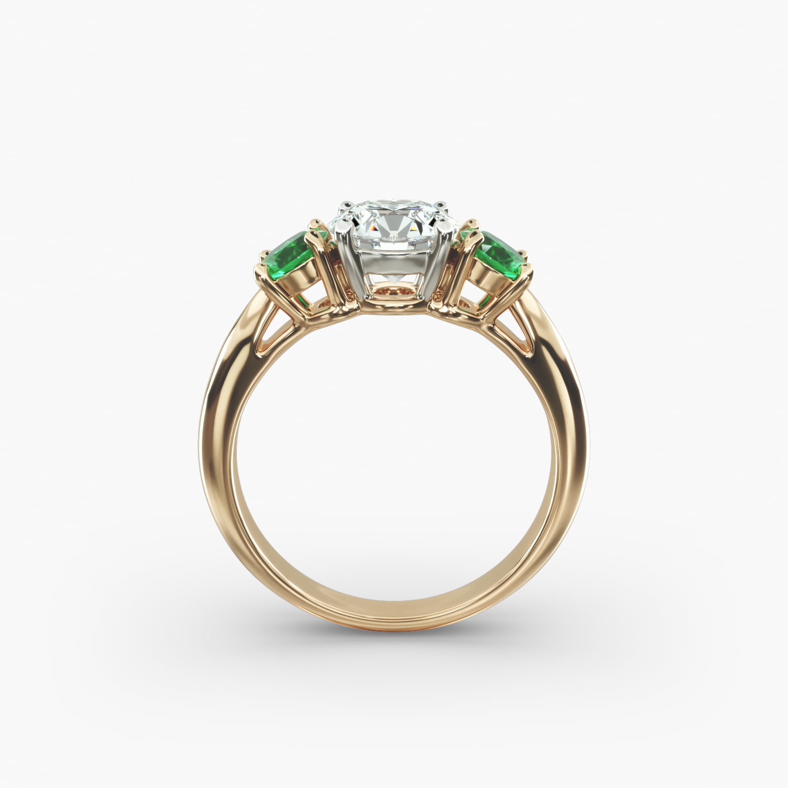 Round Emerald Three Stone Engagement Ring In 14K Yellow Gold