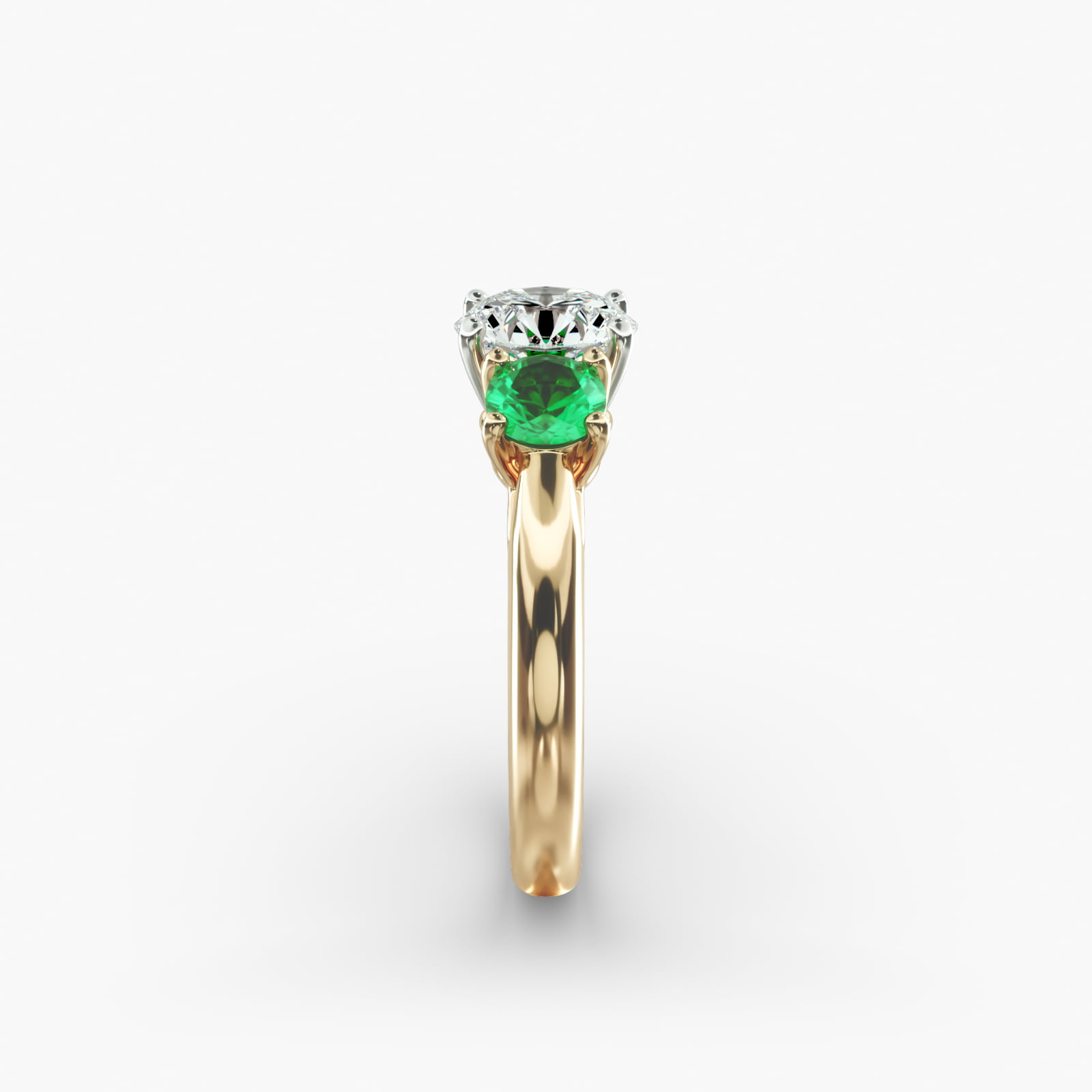 Round Emerald Three Stone Engagement Ring In 14K Yellow Gold