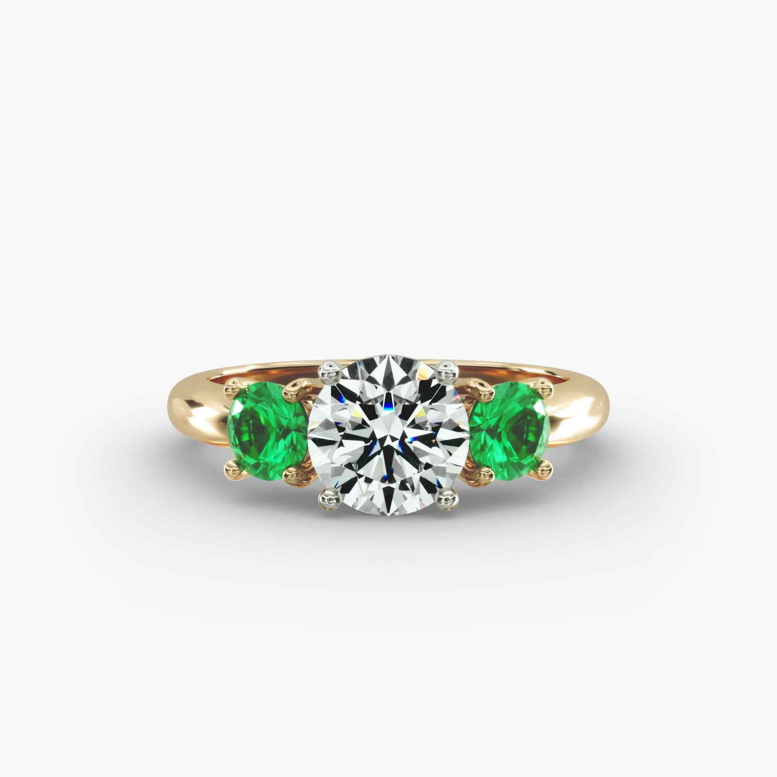 Round Emerald Three Stone Engagement Ring In 14K Yellow Gold