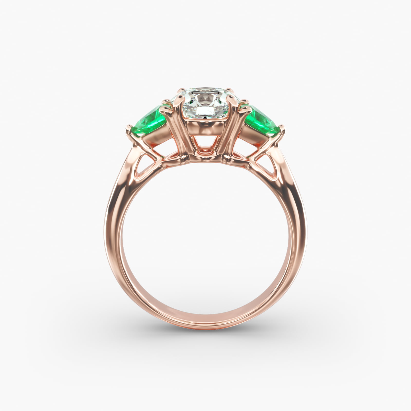 Trillion Cut Emerald Three Stone Engagement Ring In 14K Rose Gold