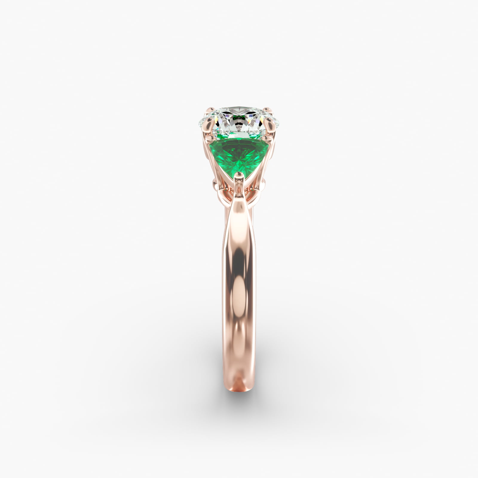 Trillion Cut Emerald Three Stone Engagement Ring In 14K Rose Gold