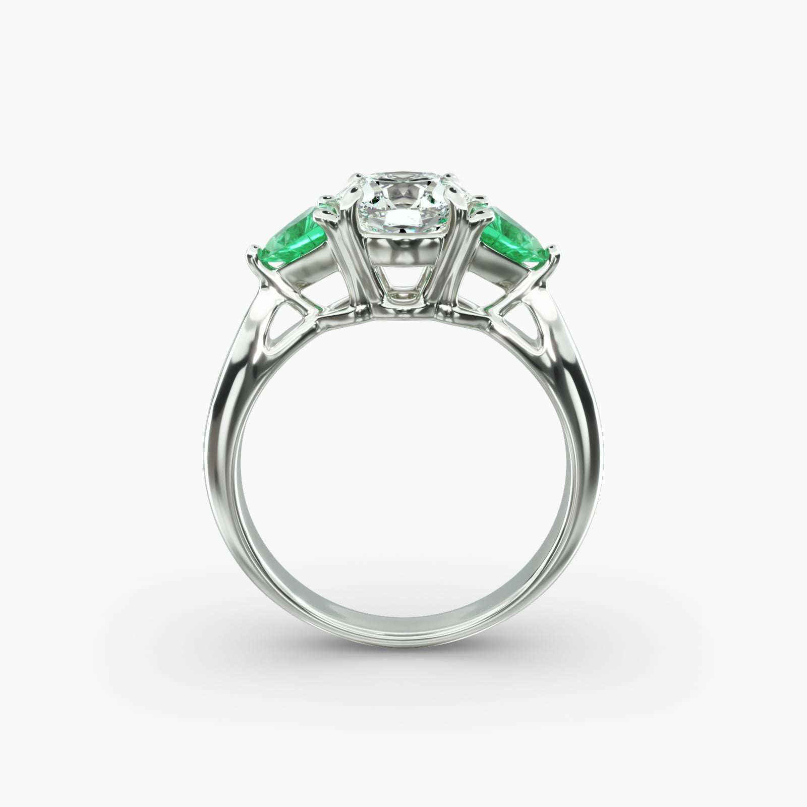 Trillion Cut Emerald Three Stone Engagement Ring In 18K White Gold